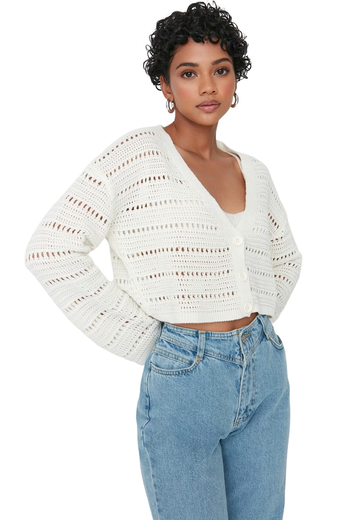 Trendyol FeMan Regular fit Basic V Neck Knitwear Cardigan,Ecru,XS