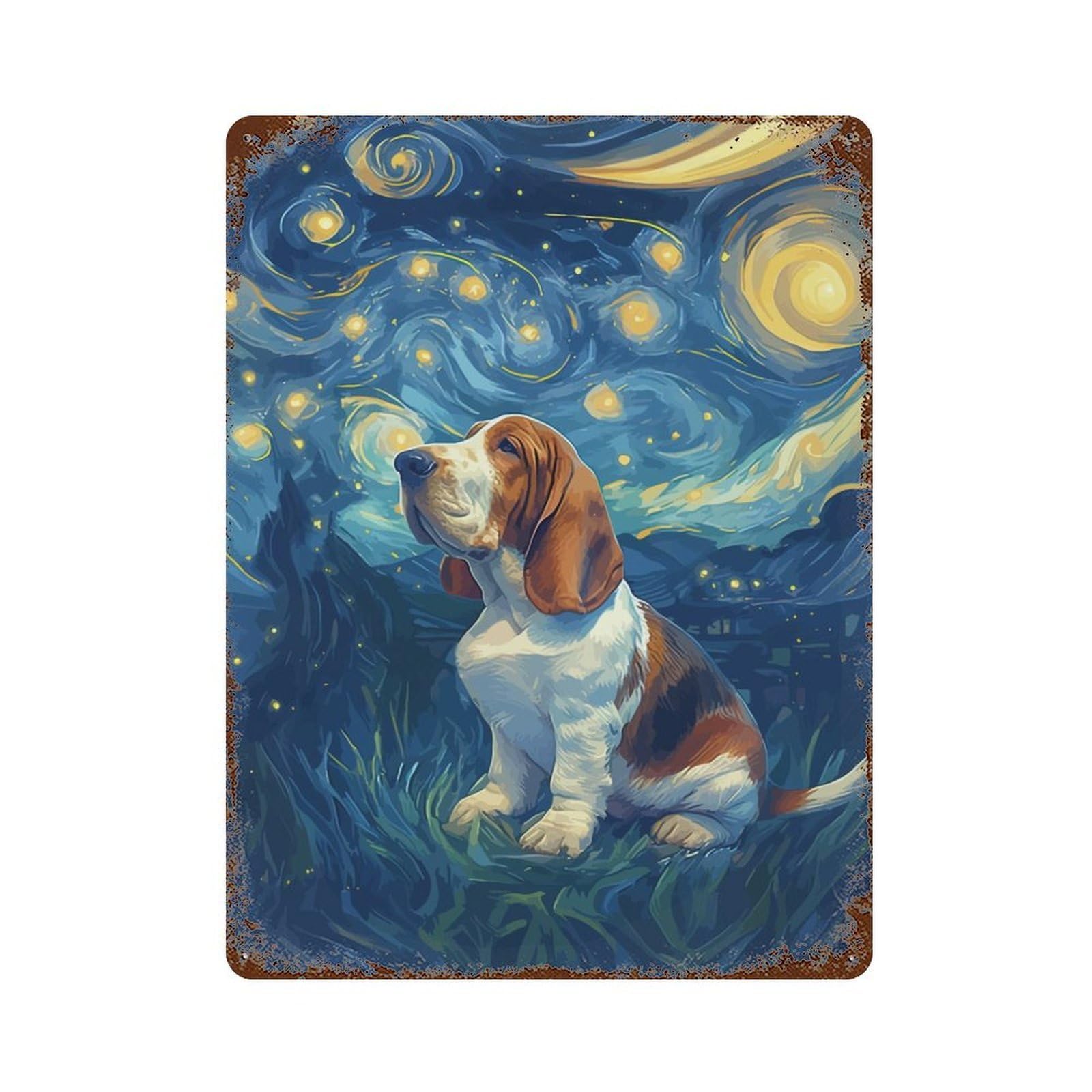 Rust Effect Starry Night Bastet Hound Vintage Rust Metal Sign 15.7"x11.8", Rustic Home Decor for Farmhouse, Kitchen And Entryway Decor