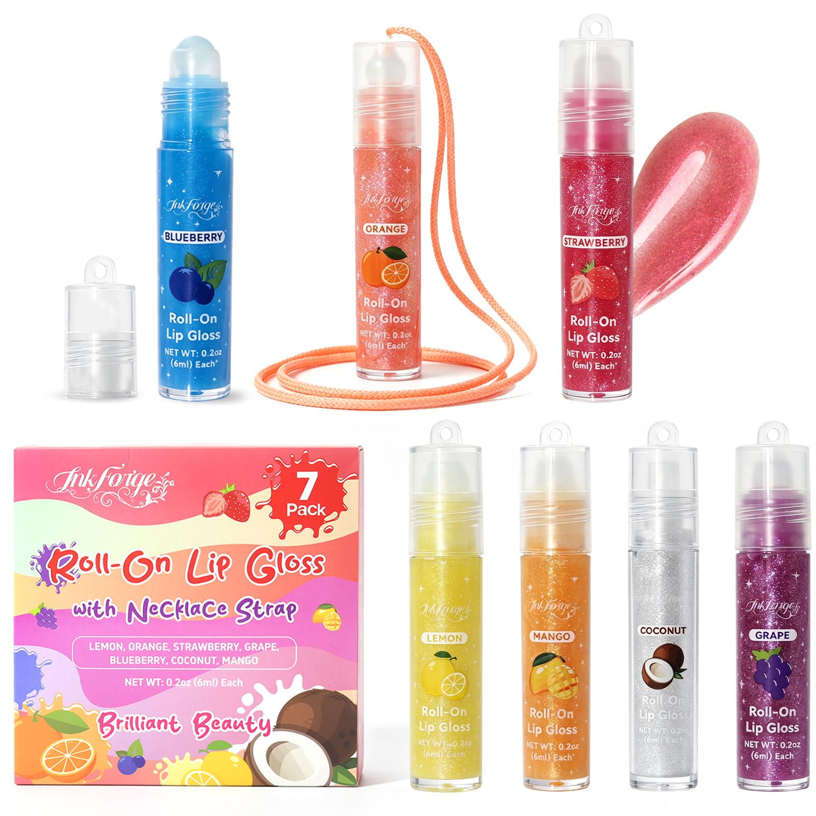 7 Pack Fruit Flavored Lip Gloss Necklace Set, Roll On Shimmer Lipgloss Bulk