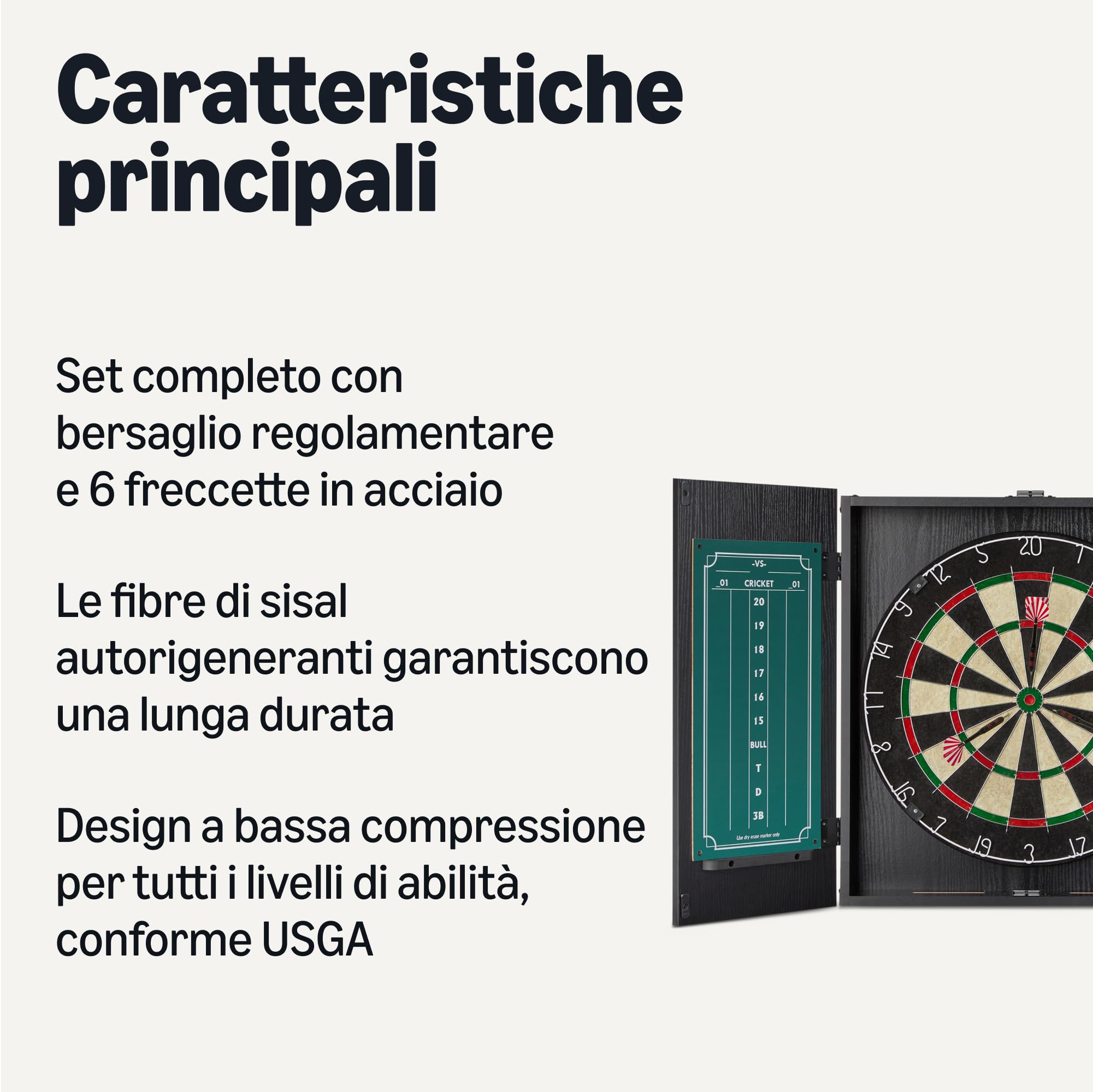 Amazon Basics, Set Bersaglio con Armadietto e 6 Freccette a Punta in Acciaio, Fibra di Sisal Autorigenerante, Tabellone Segnapunti Integrato, Kit di Montaggio, 55,2cm x 50,2cm, Nero