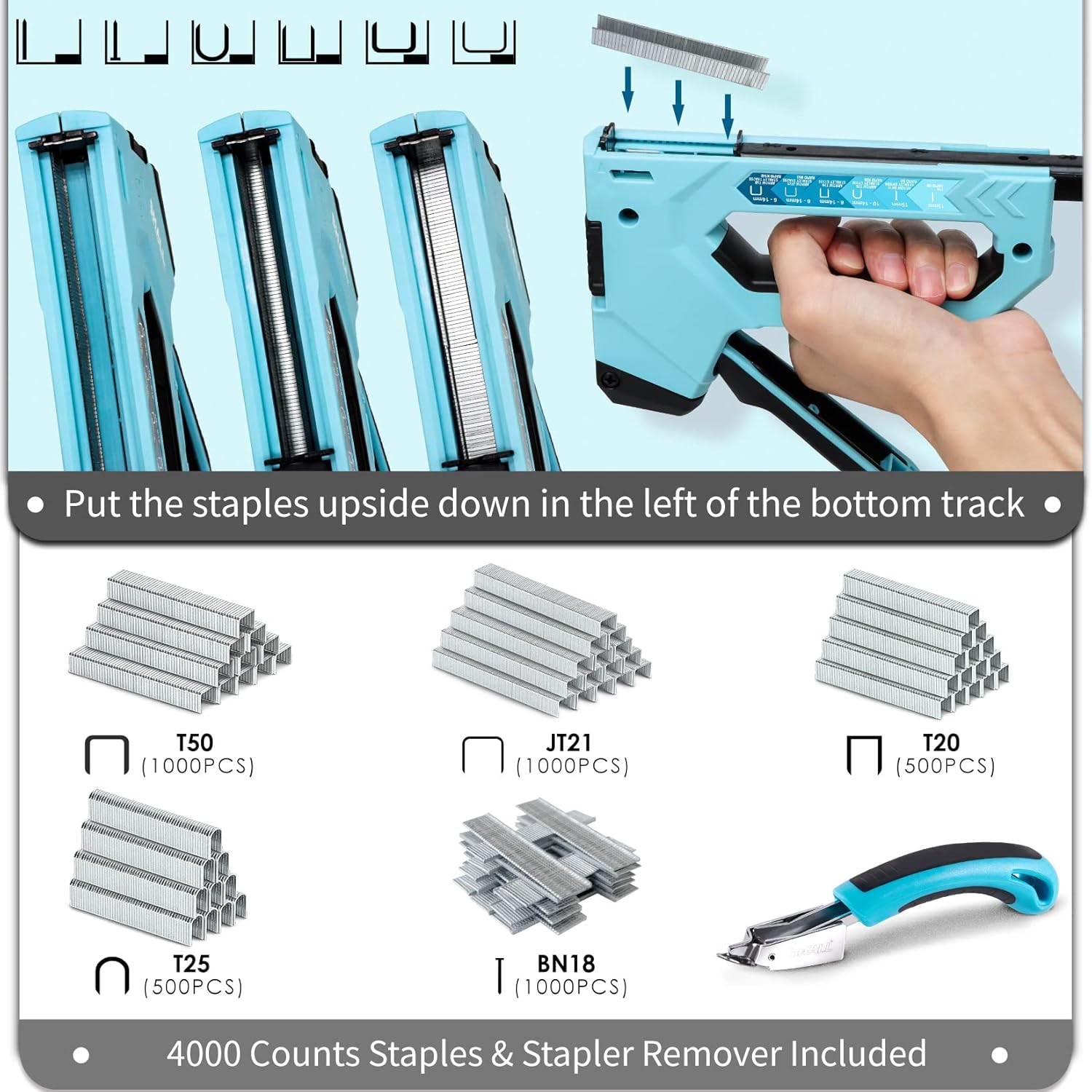 Image showing the staple gun, staple remover, and the included 4000 counts of various staples and nails.