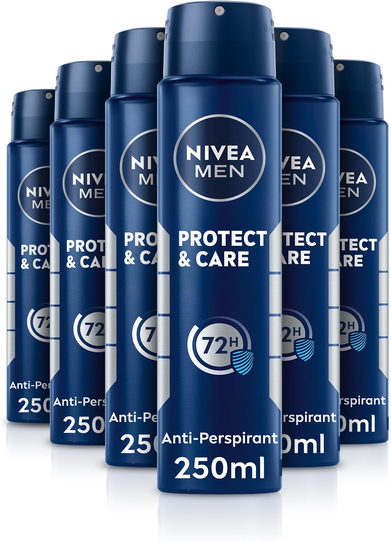 NIVEA Men Protect & Care Spray (6 x 250ml), Anti-Perspirant for 72H Protection, Gentle and Effective Deodorant Free From Alcohol