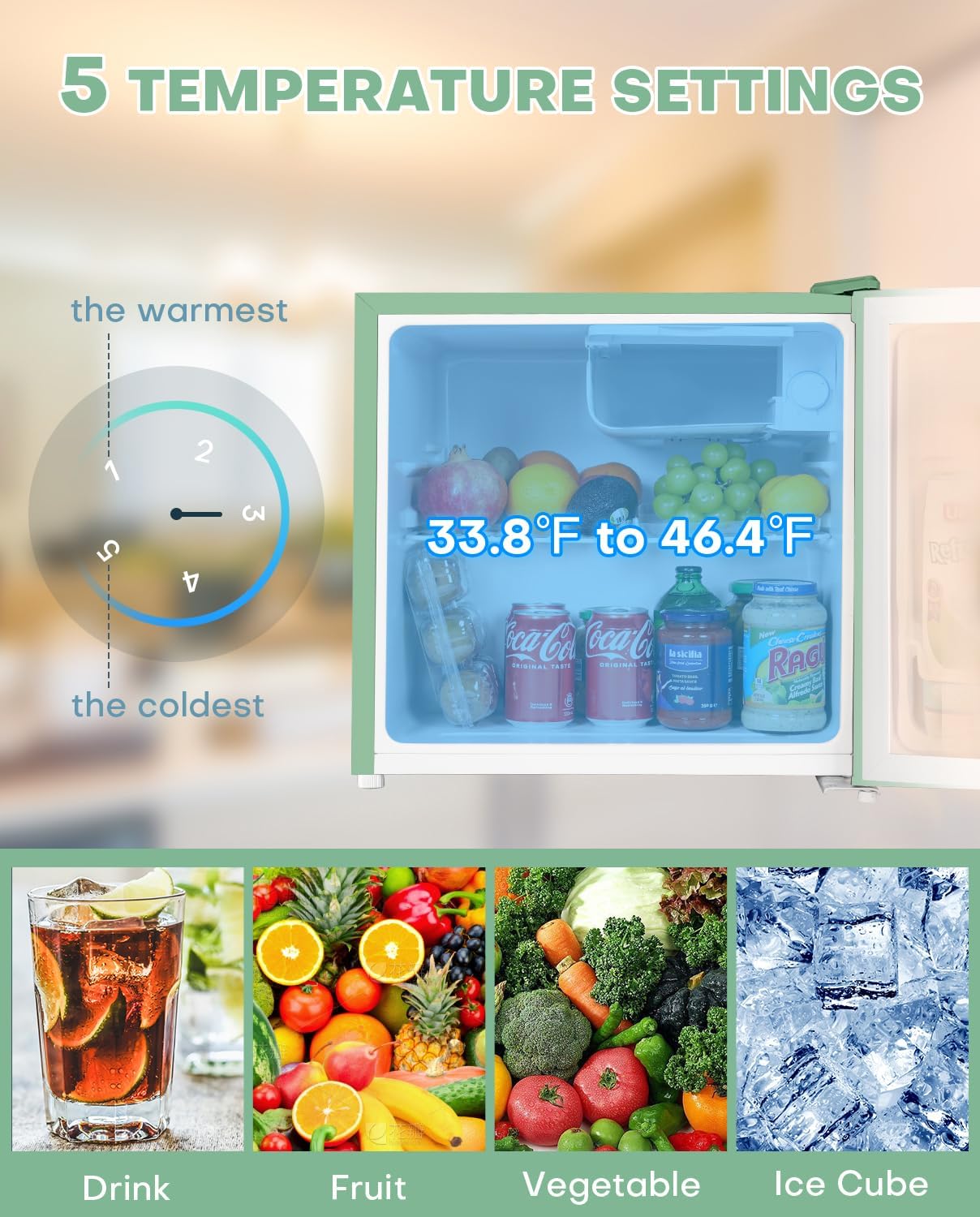 Upstreman 1.7 Cu.ft Mini Fridge with Freezer, Dorm Essentials, Adjustable Thermostat, Energy Saving, Low Noise, Single Door Compact Refrigerator for Dorm, Office, Bedroom, Mint Green-FR17 thumbnail