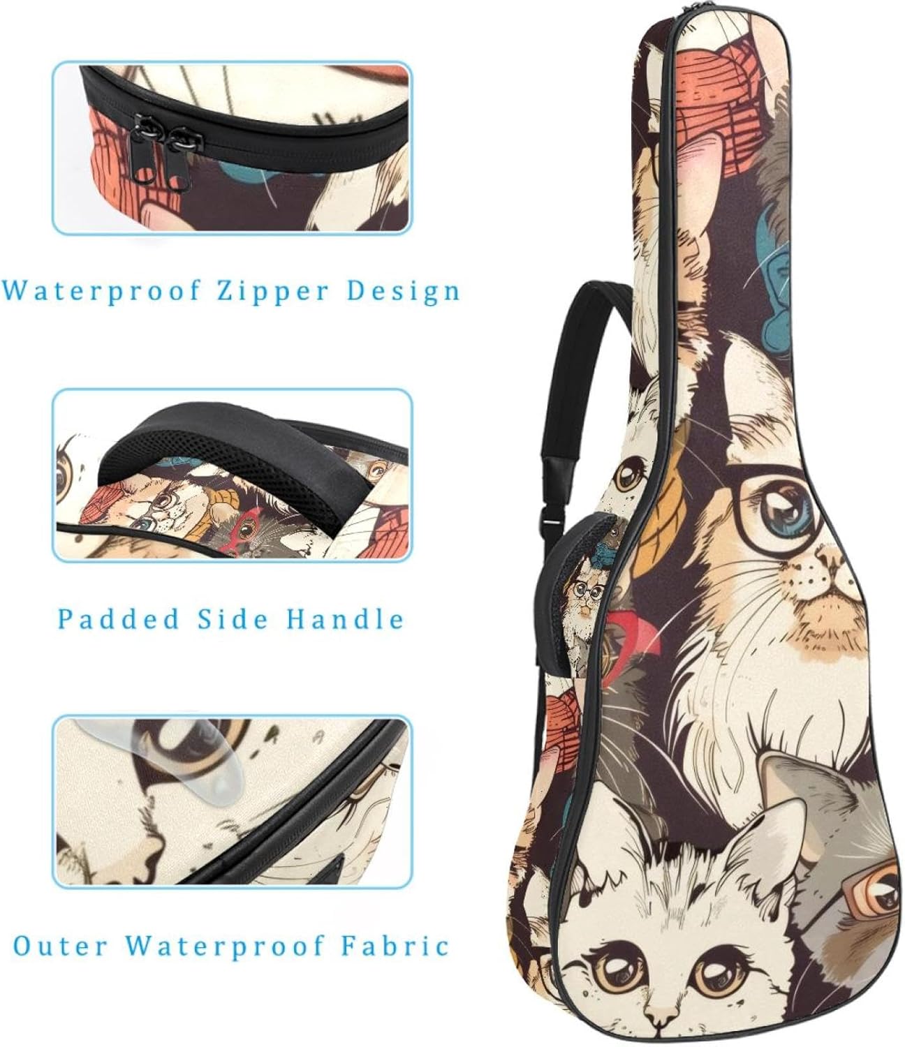 40 41 42 Inch Guitar Bags, Waterproof Padded Acoustic Guitar Case Backpack with Adjustable Shoulder Strap & Pockets, Hipster Cute Cats