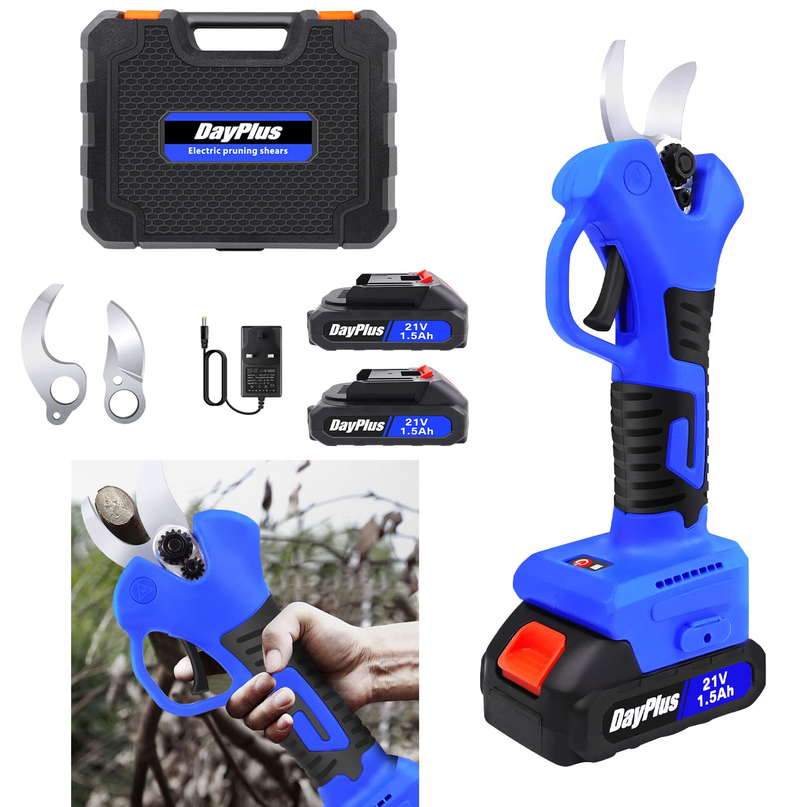 Tijeras de podar eléctricas con batería, 25 mm, 2 unidades de batería de 1,5 Ah, 2600 tiempos de corte, tijeras de podar a batería para podar trabajos de jardinería