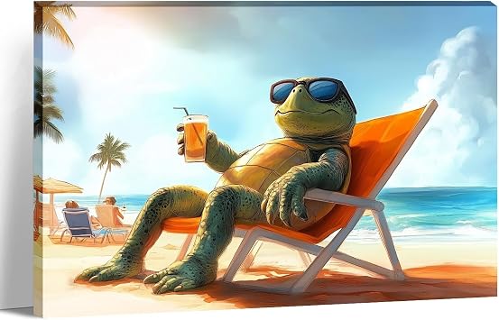 Sea Turtle Wall Art Bathroom Wall Decor Funny Sea Turtle Sits on a Beach Chair Pictures Coastal Ocean Animal Painting Prints Decor FramedArt-3,12.00"x18.00"