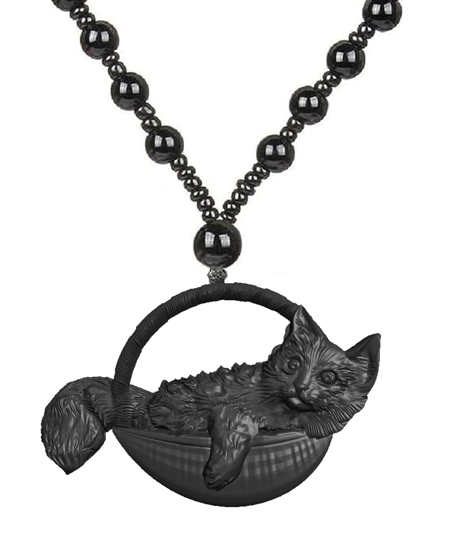 Black Cat in Basket Pendant Necklace Handmade Resin Charm with Beaded Chain Cute Animal Jewelry Gift for Men Women-image-47