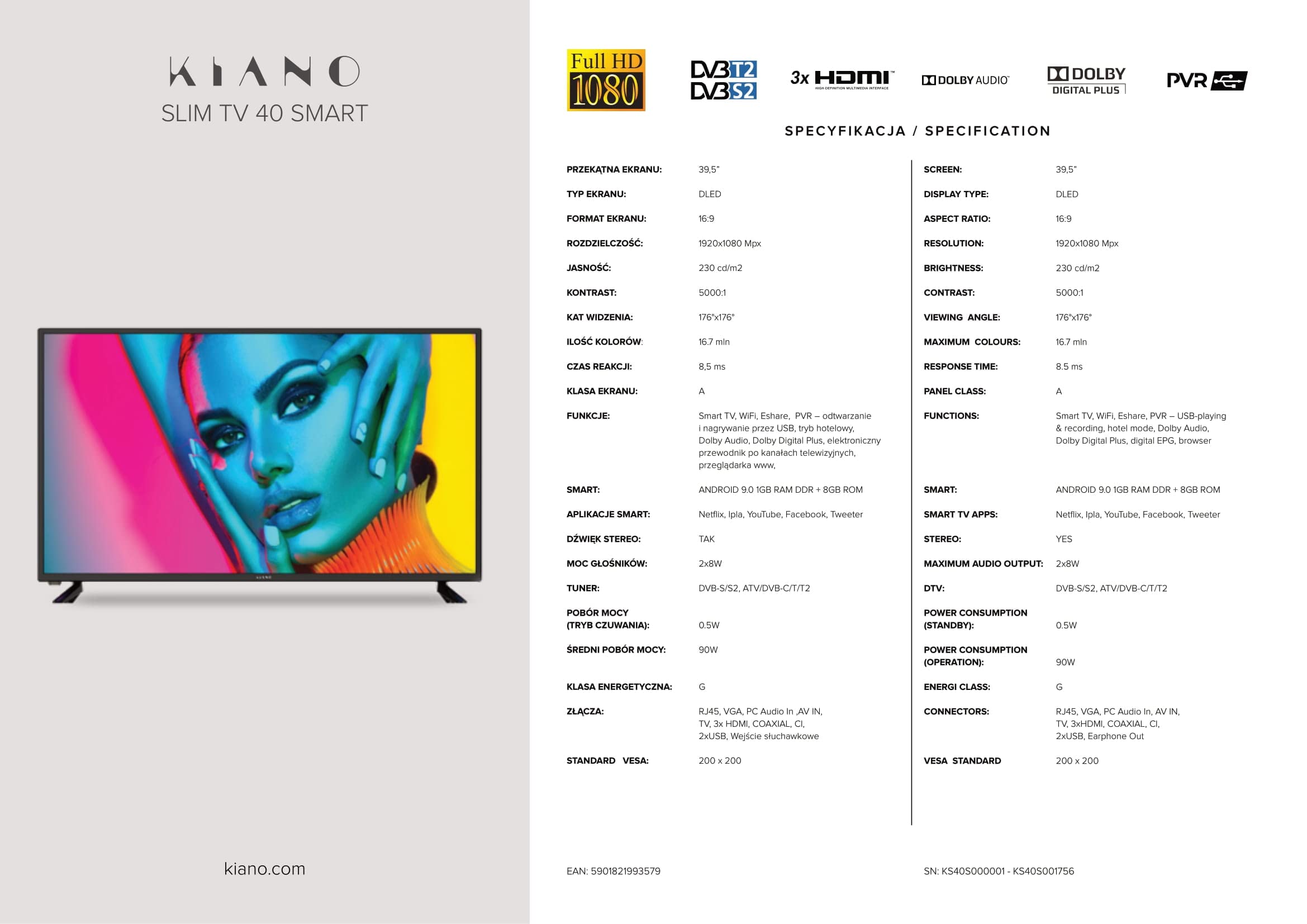 Kiano Slim TV Telewizor 40" Cali 100 cm |Matryca FHD LED Full HD 1080p| Potrójny Tuner DVB-T2 CI CI+ | 2 wejścia HDMI | 2 złącza USB | Dolby Audio | PVR | Tryb Hotelowy | Czarny | Model 2022