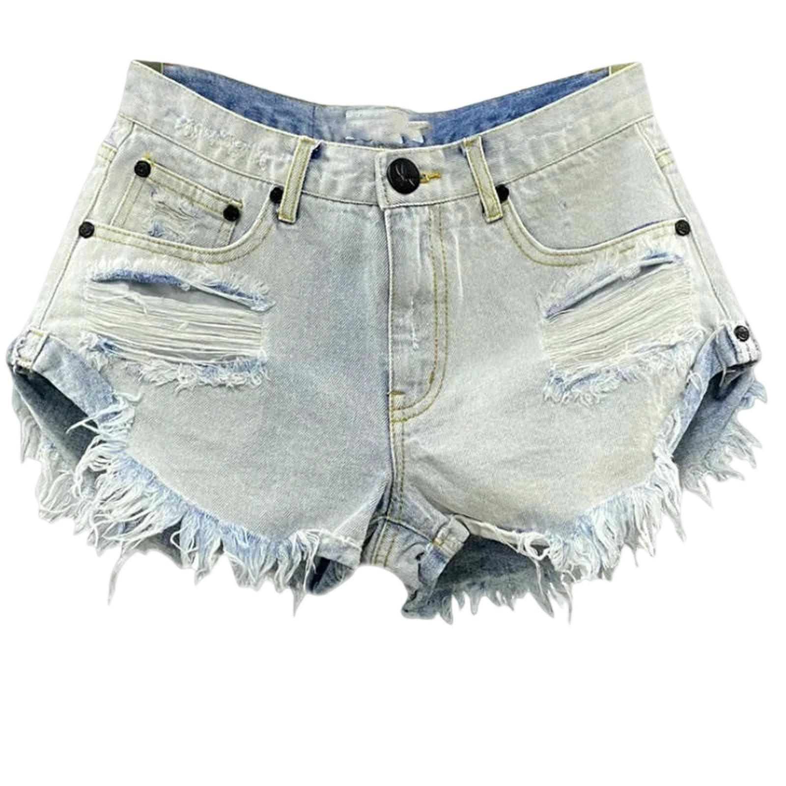 Short jeans femme jambes larges à trous denim fluide bleu clair XL