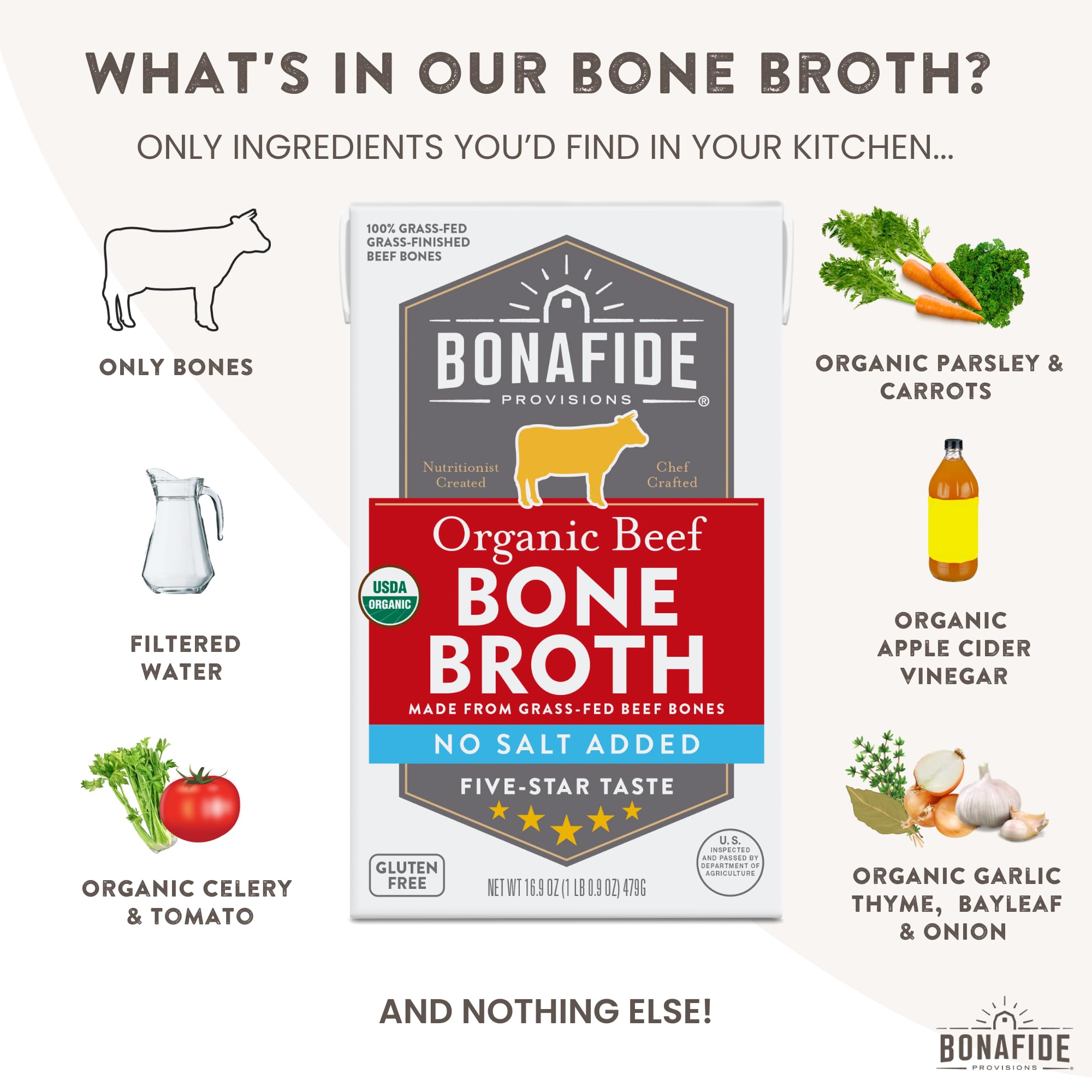 Bonafide Provisions Fresh Organic Beef Bone Broth - No Salt Added, 16.9oz - 6 Pack