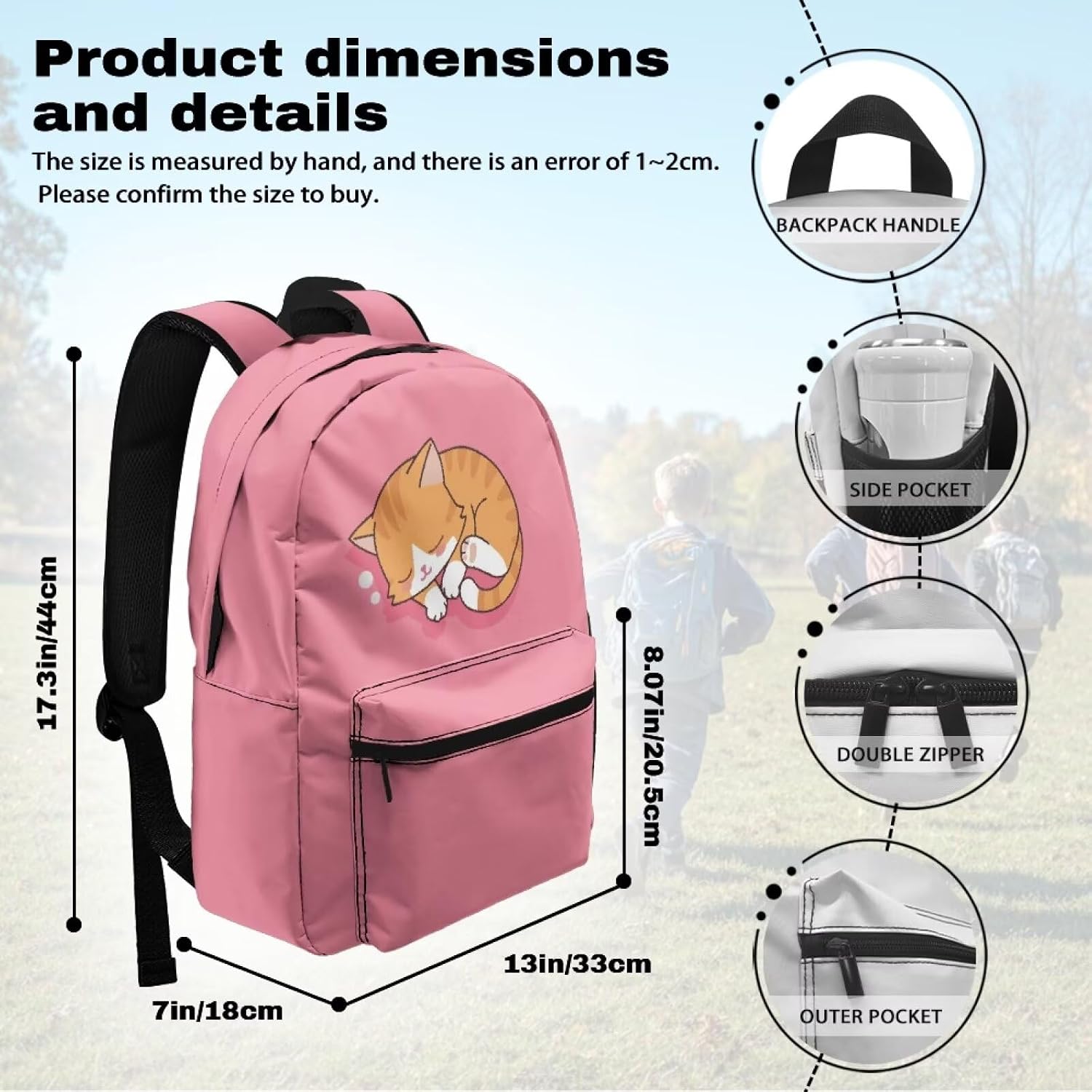 Cartoon Theme Double-Layer Backpack for Kids Cute Cat Print Young Girls School Bag Multiple Pockets Bag for Work Travel Hiking Camping Rucksack Lightweight Daypack