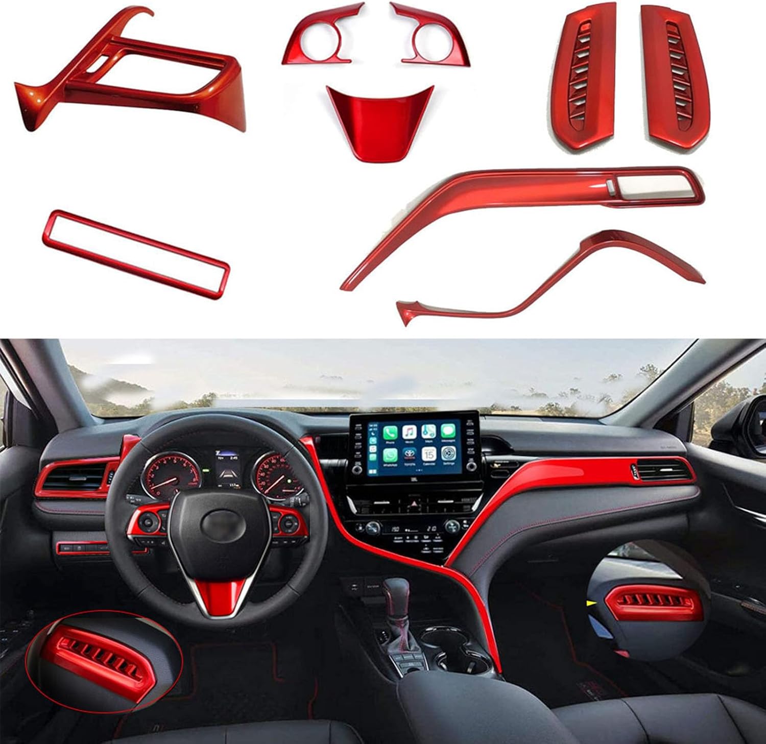 for Toyota Camry LE SE XLE XSE 2018-2020 ABS Full Set of Car Interiors Instrument Panel Decorative Center Console Moulding Trim Air Outlet Automotive Steering Wheel Cover Accessories 10Pcs