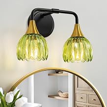 Bathroom Vanity Light Fixtures 2-Lights Vintage Bathroom Lights Over Mirror with Ribbed Green Tulip Glass Shade - 14 inch Black and Gold Wall Sconce Bath Lighting