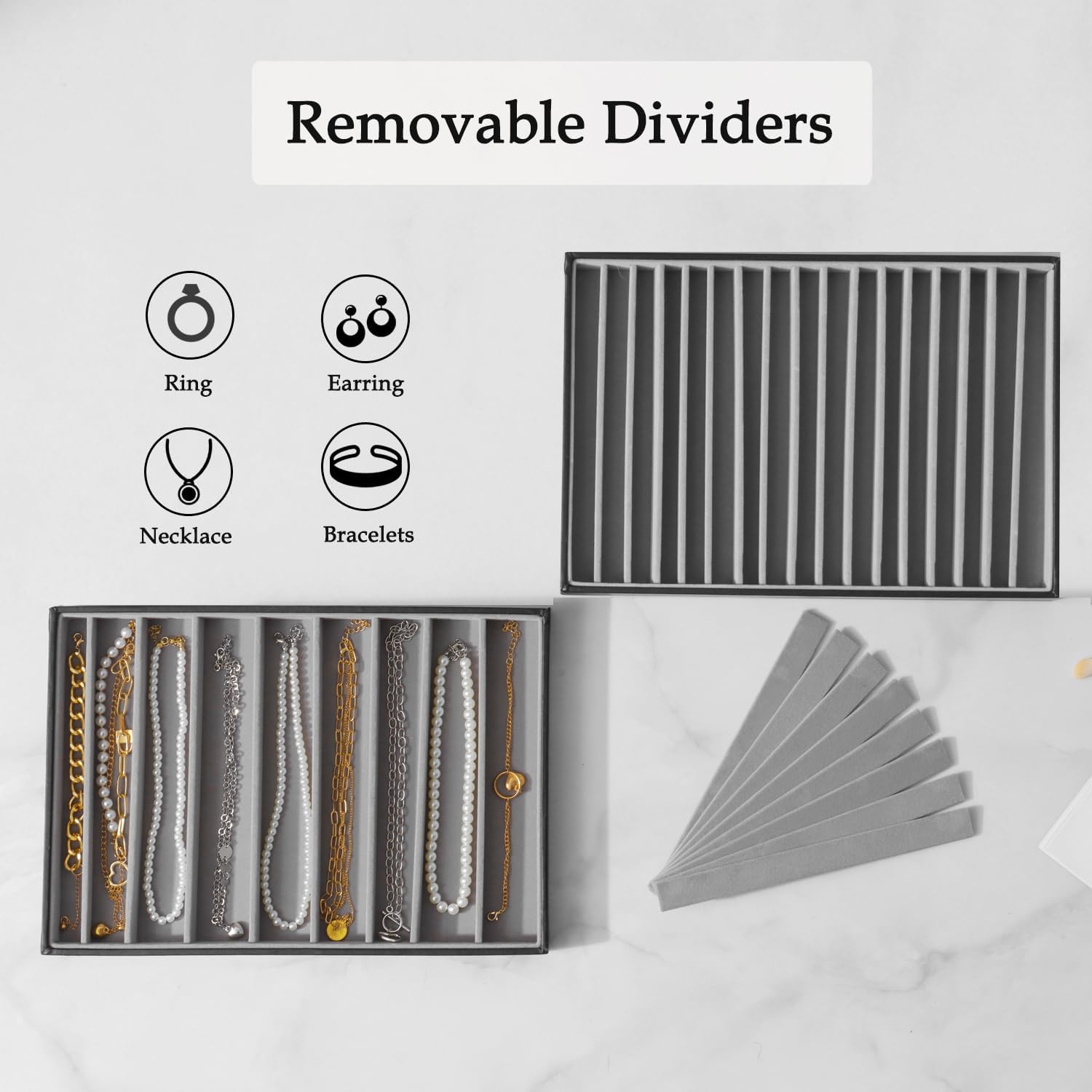 Large Jewelry Organizer Tray, Stackable Jewelry Storage Holder PU Leather Velvet Jewellery Display Case for Stud Earring Bracelet Necklace Ring (Black Gray, 16 Grids)