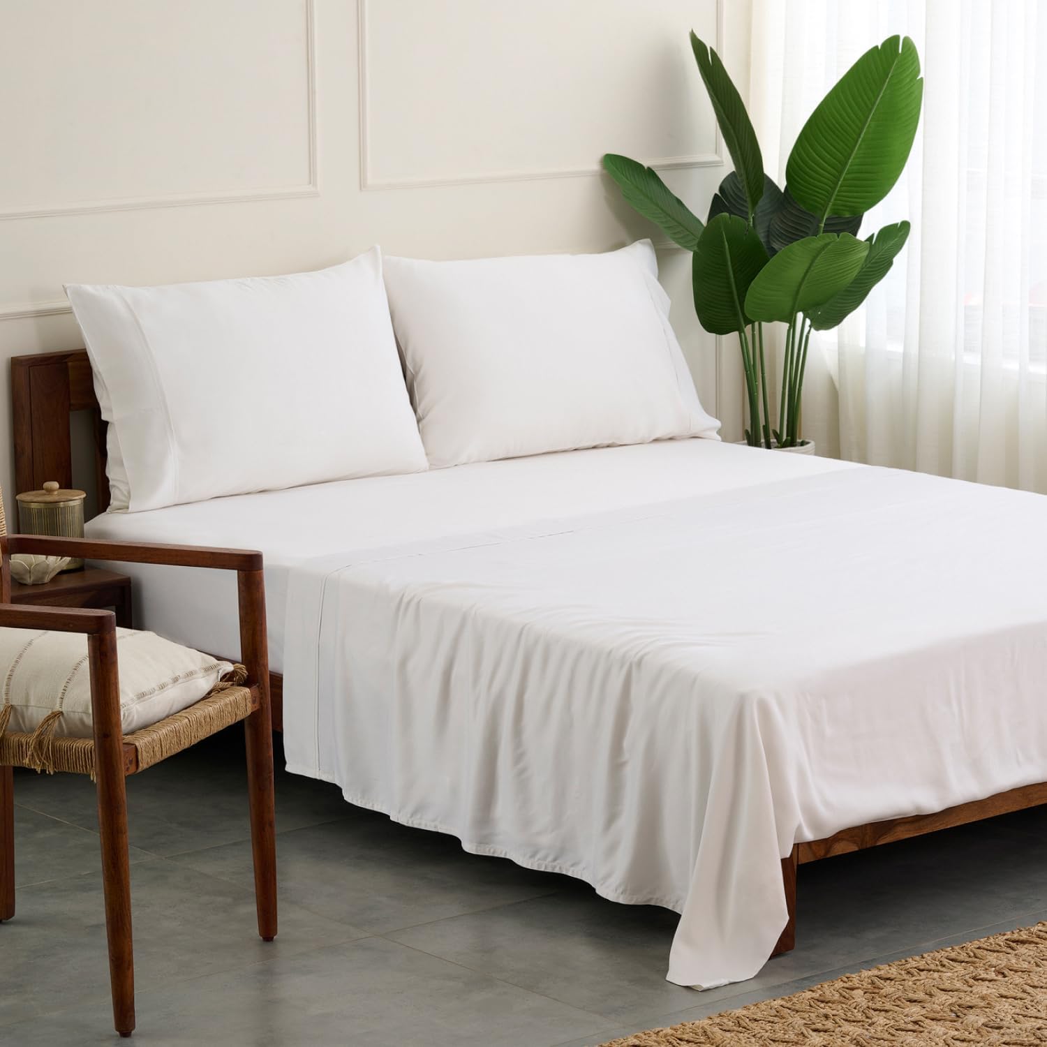 100% Certified Bamboo King Sheet Set| derived from Organic Viscose|Sateen Weave/High Cover Ratio 0.75|4 Piece Set|Gentle to Skin and Cooling|(White)