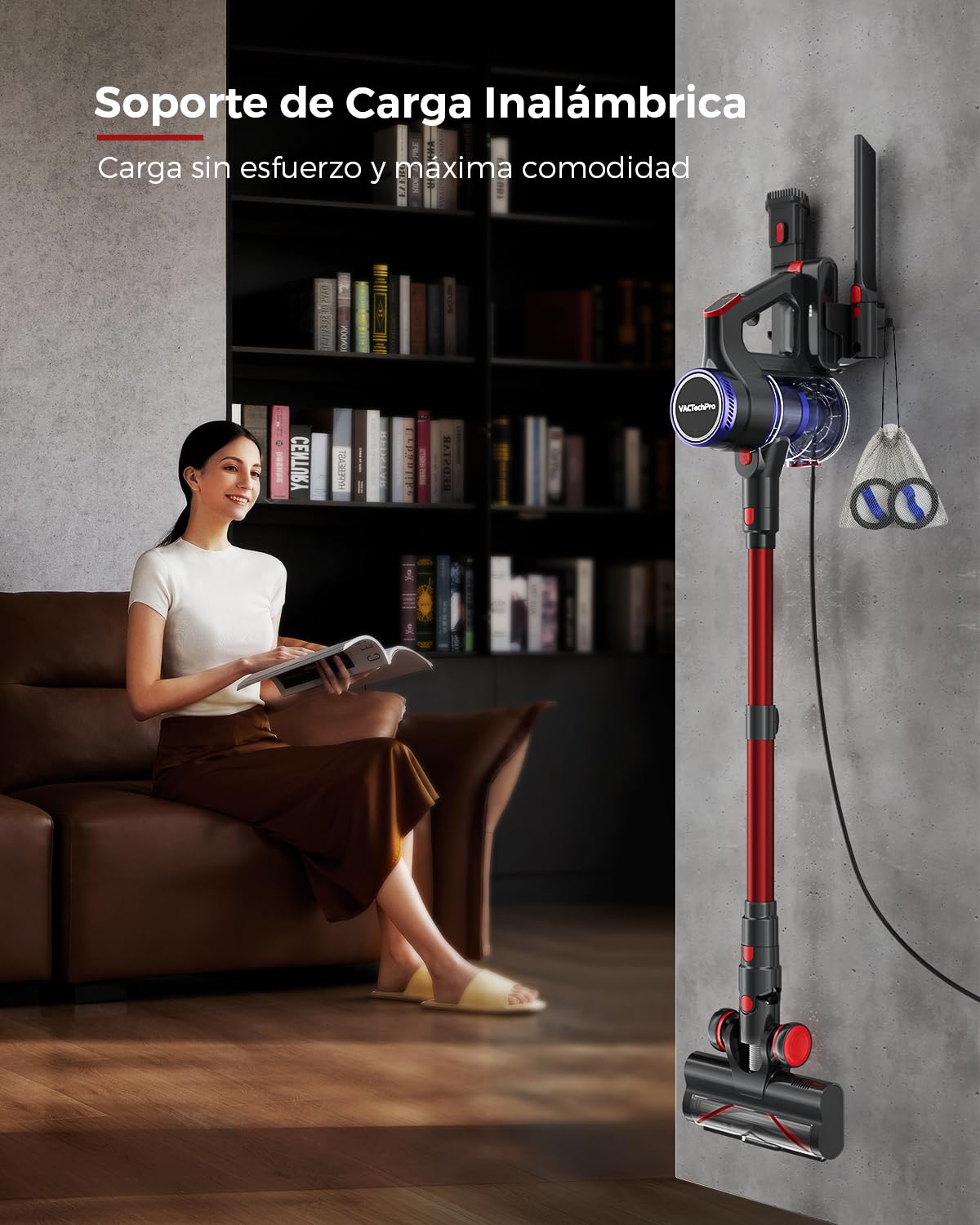 VACTechPro Aspiradora sin Cable, Aspirador Vertical, Rojo y Morado | 55KPa/600W/70Min Escoba Aspiradora sin Cable, 1.6L Escoba Aspirador sin Cable con Filtración de 8 Capas, Cepillo Antienredos