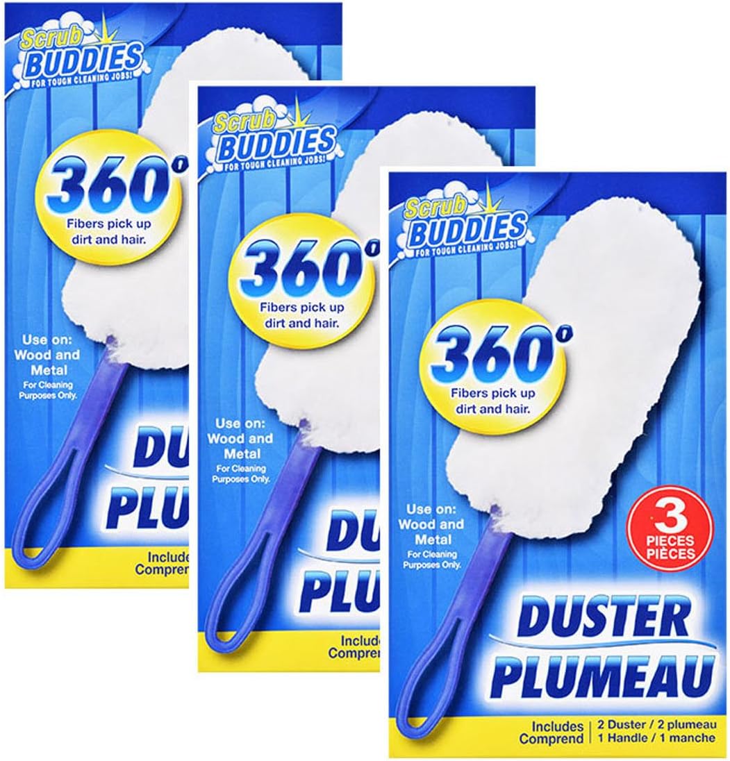 3 Packs Scrub Buddies 360 Degree Static Dusters 3 Handles 6 Dusters Clean Wood and Metal