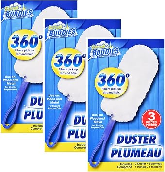 3 Packs Scrub Buddies 360 Degree Static Dusters 3 Handles 6 Dusters Clean Wood and Metal