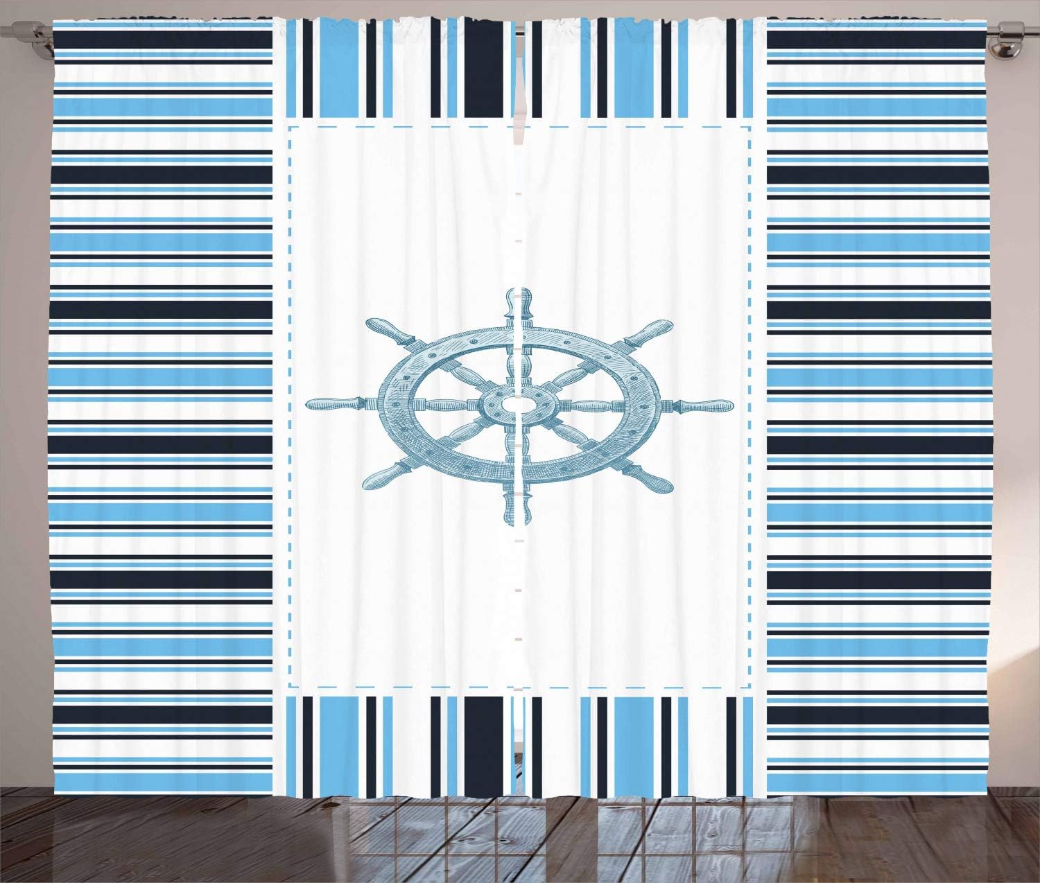 Ambesonne Navy Curtains, Nautical Anchor Ship Helm Steering Wheel Ocean Coastal Geometric Stripes Art Marine Themed Sailing Print, Living Room Bedroom Window Drapes 2 Panel Set, 108" X 63", Blue Navy
