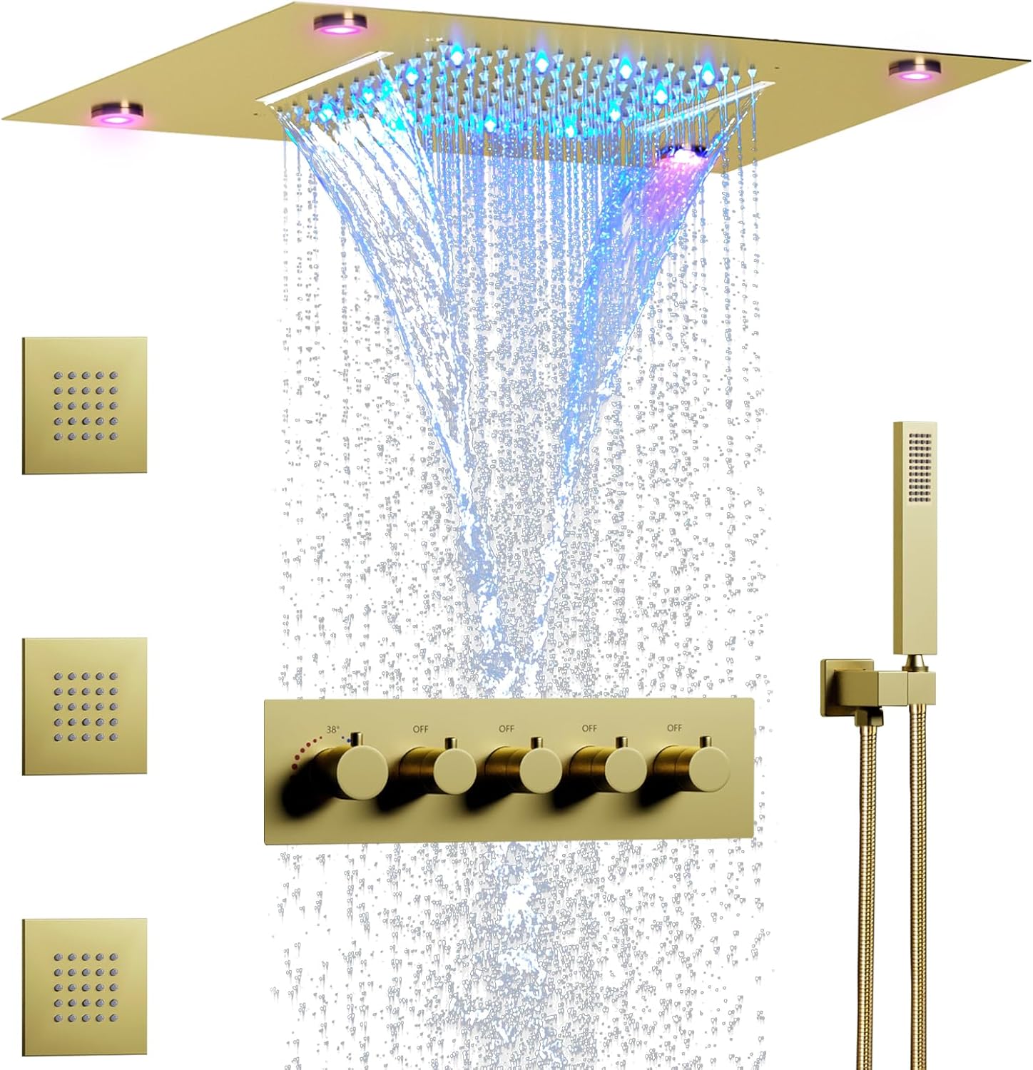 Brushed Gold Thermostatic Rain Shower System 14 X 20 Inch LED Waterfall Rainfall Shower Head Bath Mixer Faucet Set Body Sprayer Jet (Brushed Gold)