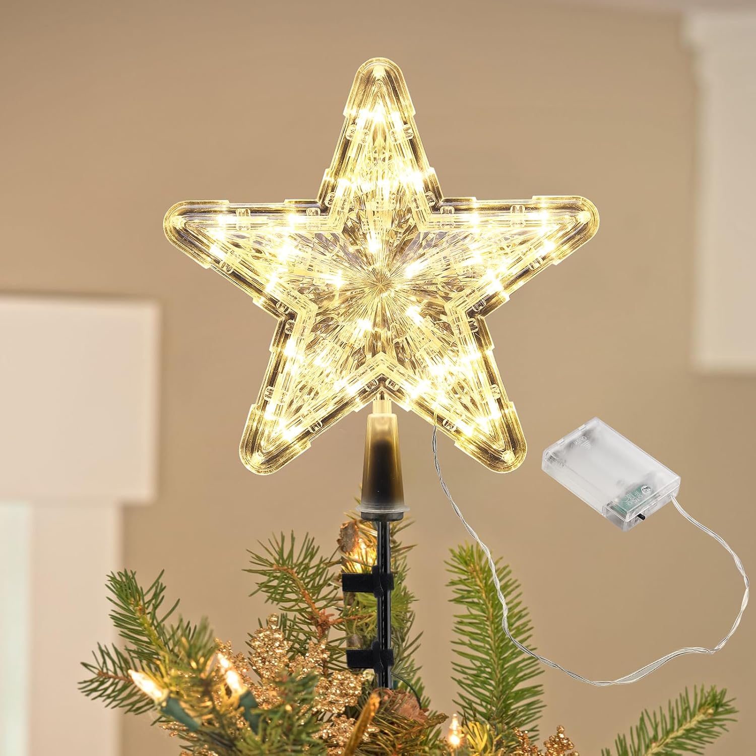 Christmas Tree Topper Star, Lighted Stars Xmas Holiday Decorations Treetopper, 9" Glitter Silver Star with LED Lights, Holder Clips on Artificial Real Trees, New Year Ornaments Classic Large Stars