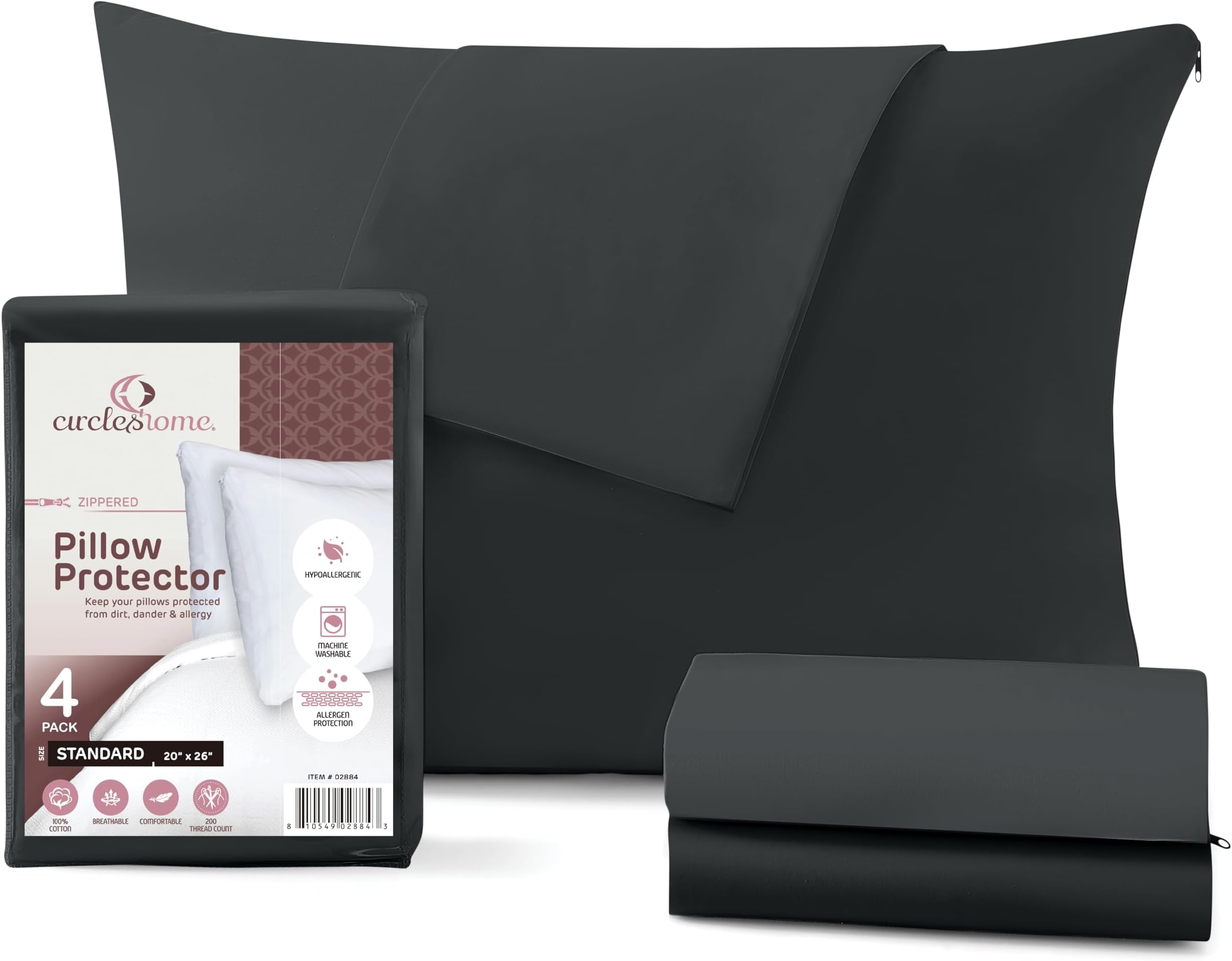 100% Cotton Zippered Pillow Protector (2 pck) Standard - Navy (Standard Set of 4, Charcoal)