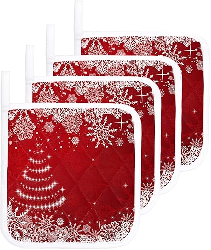 Miniatura 9 de 5 Packs Red Christmas Snowflake Pot Holders Sets for Kitchen,Oven Pan Plate Bowl Pads Heat Proof Mat with Hanging Loop,Terry Cloth Potholders Soft