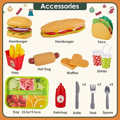 Miniatura 5 de BUYGER Juguetes de comida rápida para niños pequeños, accesorios de cocina, juego de juguetes de plástico, juegos de alimentos, regalos de juego