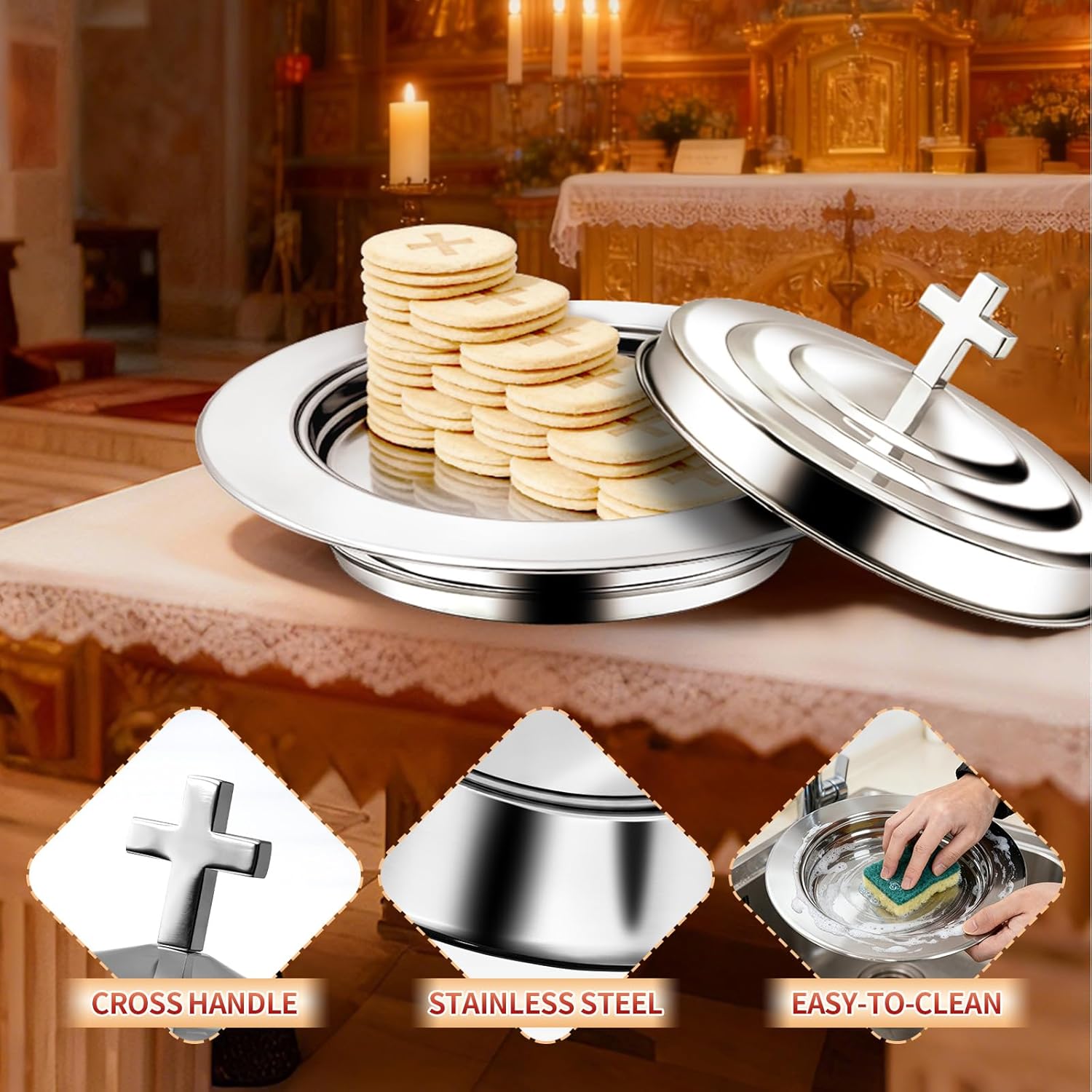 Silver Communion Bread Tray with Lid, Stainless Steel Holy Communion Tray for Churches, Polished Church Supplies Ware (304 Stainless)