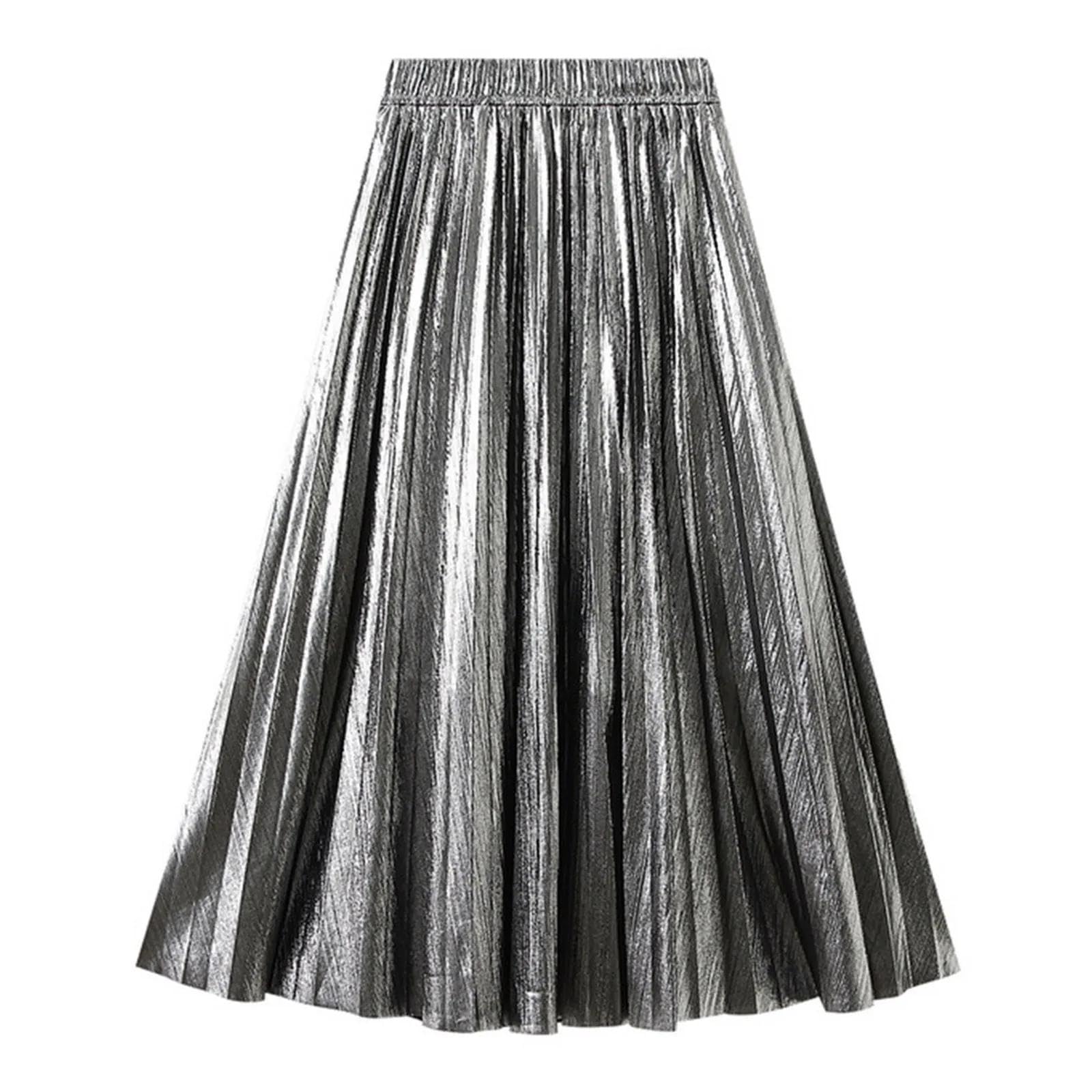 Rock Damen Langer Taille Skirt Linie Falten Damen Faltenrock A-Linienrock Rock