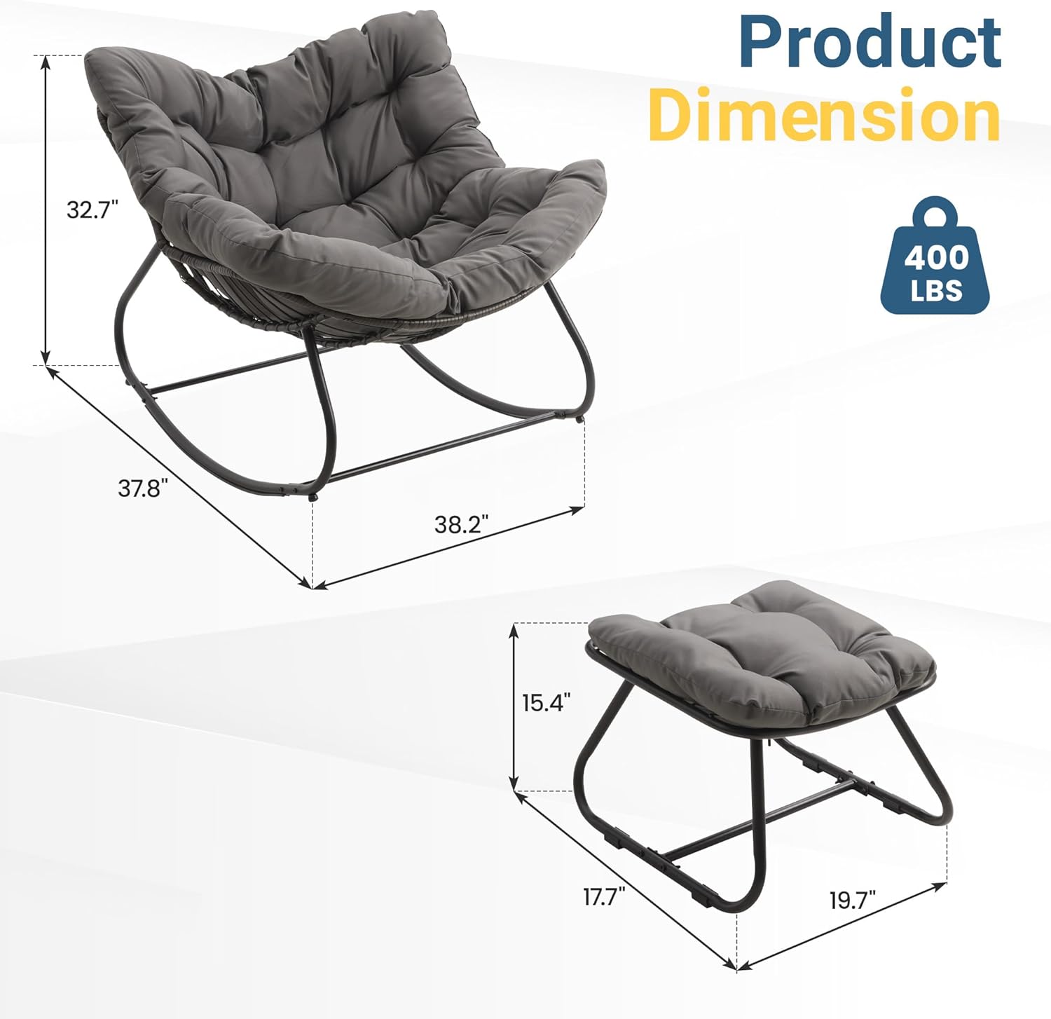 Wisteria Lane Patio Rocking Chair with Ottoman, Outdoor Indoor Rocking Egg Chair with Cushions, Metal Lounge Chair Oversized Papasan Chair, Outdoor Wicker Reading Chair for Porch Garden, Dark Grey