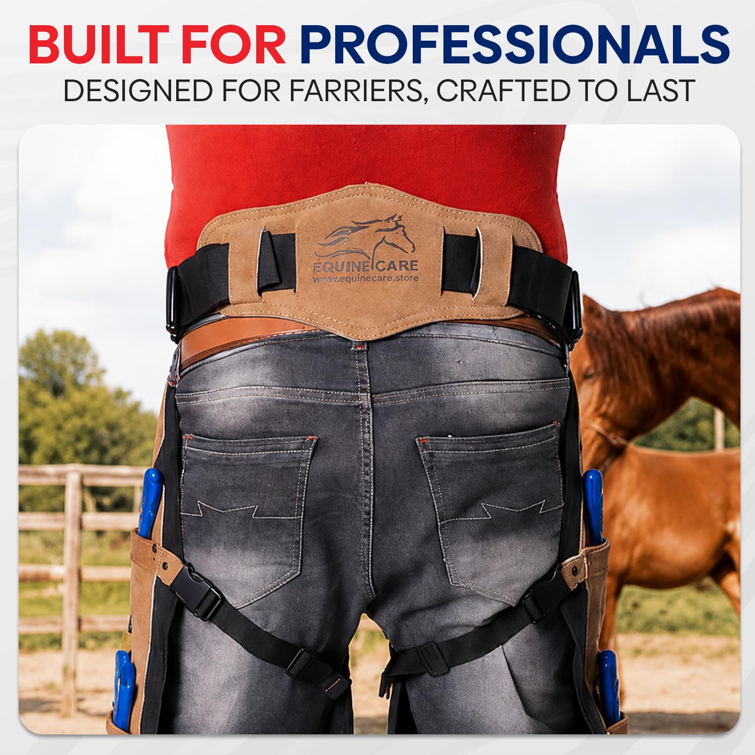 Equine Care Farrier Chaps 4 bolsillos para cuchillos e imán de uñas, delantal de cuero de gamuza y lona para zapatos de caballo (23 pulgadas-59 cm)