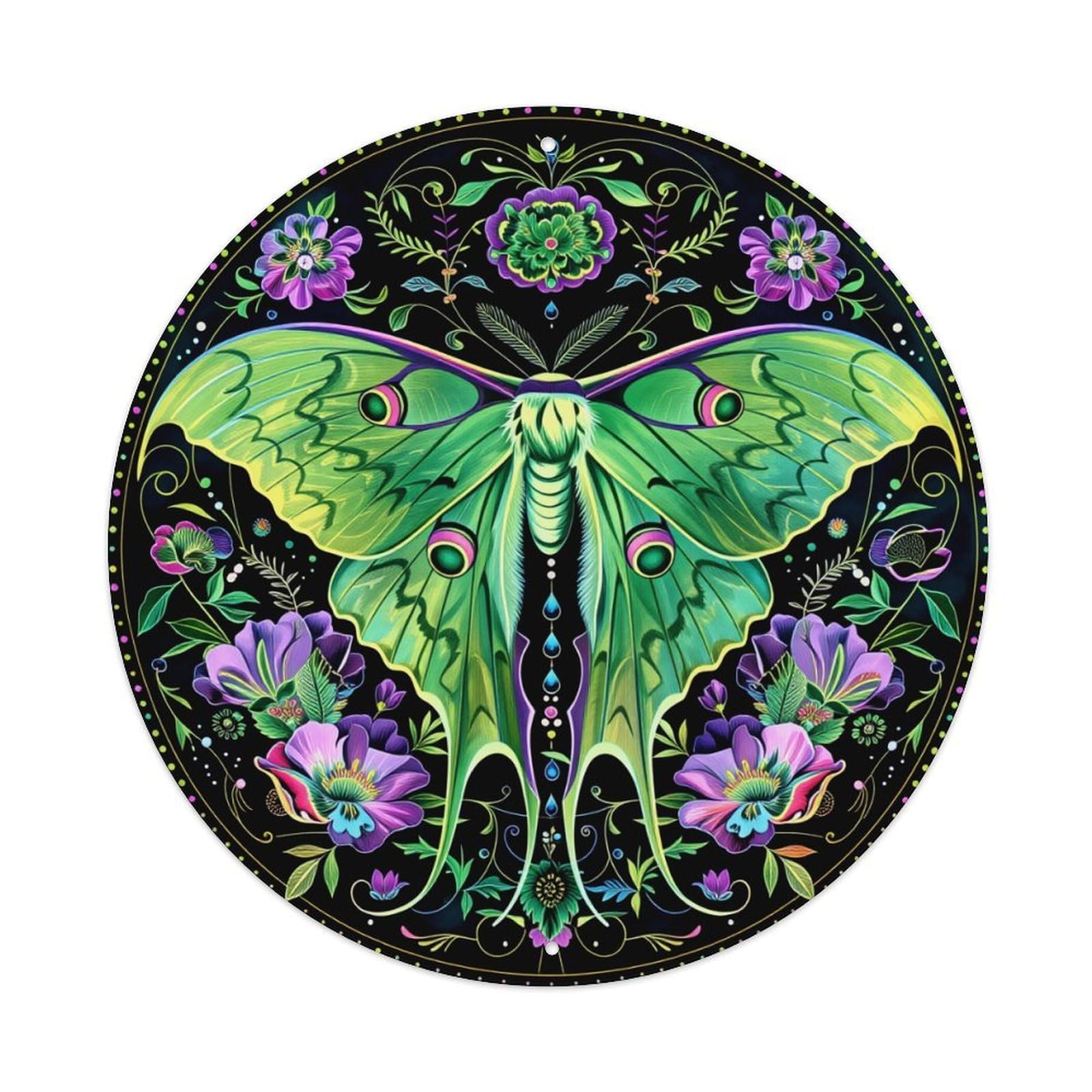 Green Moth Floral Pattern Art Round Tin Sign Vintage Metal Poster, Home Bar Garage Man Cave Cafe Indoor & Outdoor Wall Decoration 8x8Inches