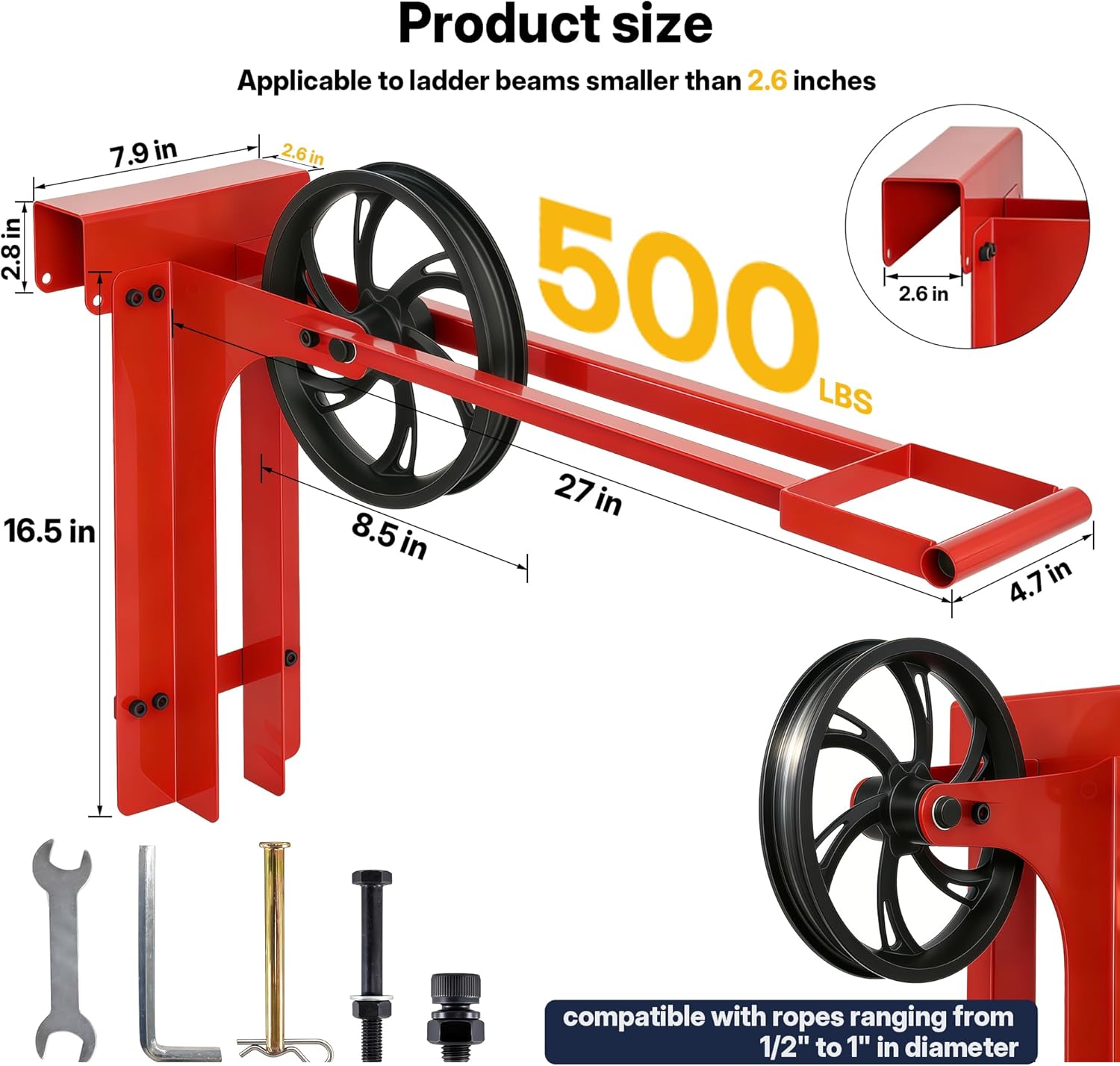Hoisting Wheel with Long Handle 500 Lbs Ladder Pulley Hoist System 8.5" Scaffolding Wheels, Scaffold Hoist Pulley for Ladder Accessories, Red