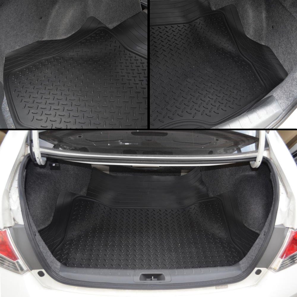 4pc Black Car Floor Mats Set Rubber Tortoise Liners w/Large Cargo Trunk Liner for Auto SUV Trucks
