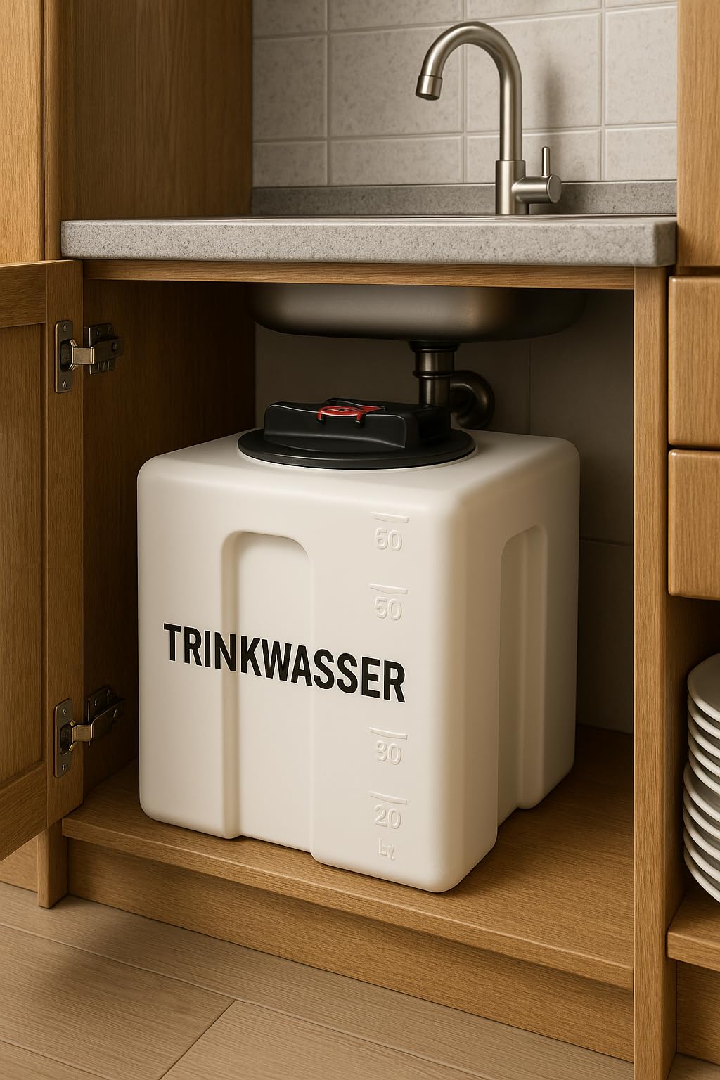 KMND Wassertank 60 Liter Kunststoff Wasserbehältet Regentonne - Marmoriert | Lebensmittelechtes Polyethylen, UV- Frostbeständig, für Garten, Wohnmobil, Futtertonne Eckig, Camping & Notvorrat, Made in EU