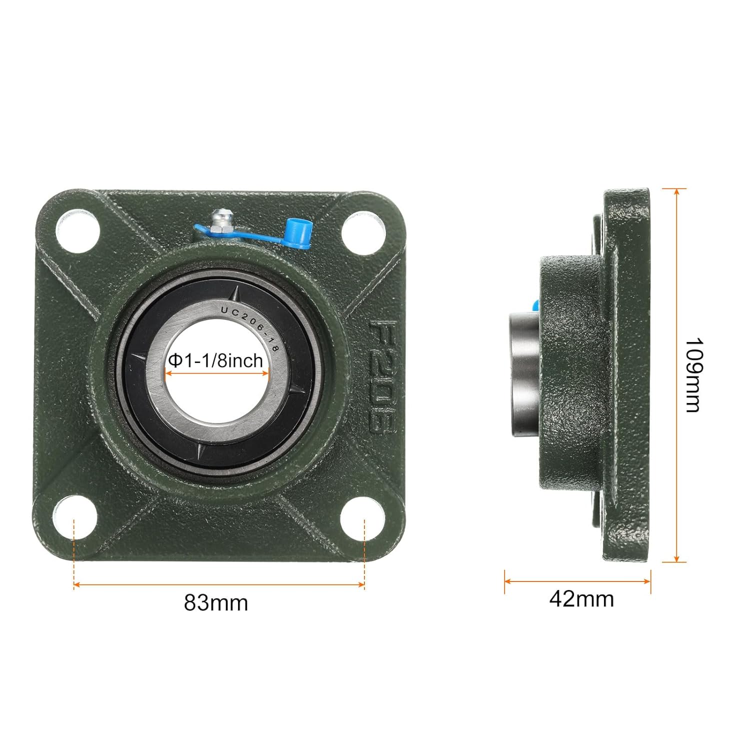 uxcell 2pcs UCF206-18 Pillow Block Bearings 1-1/8 inch Bore Self Alignment, Solid Cast Iron Base Square Flange Mounted Chrome Steel Bearings