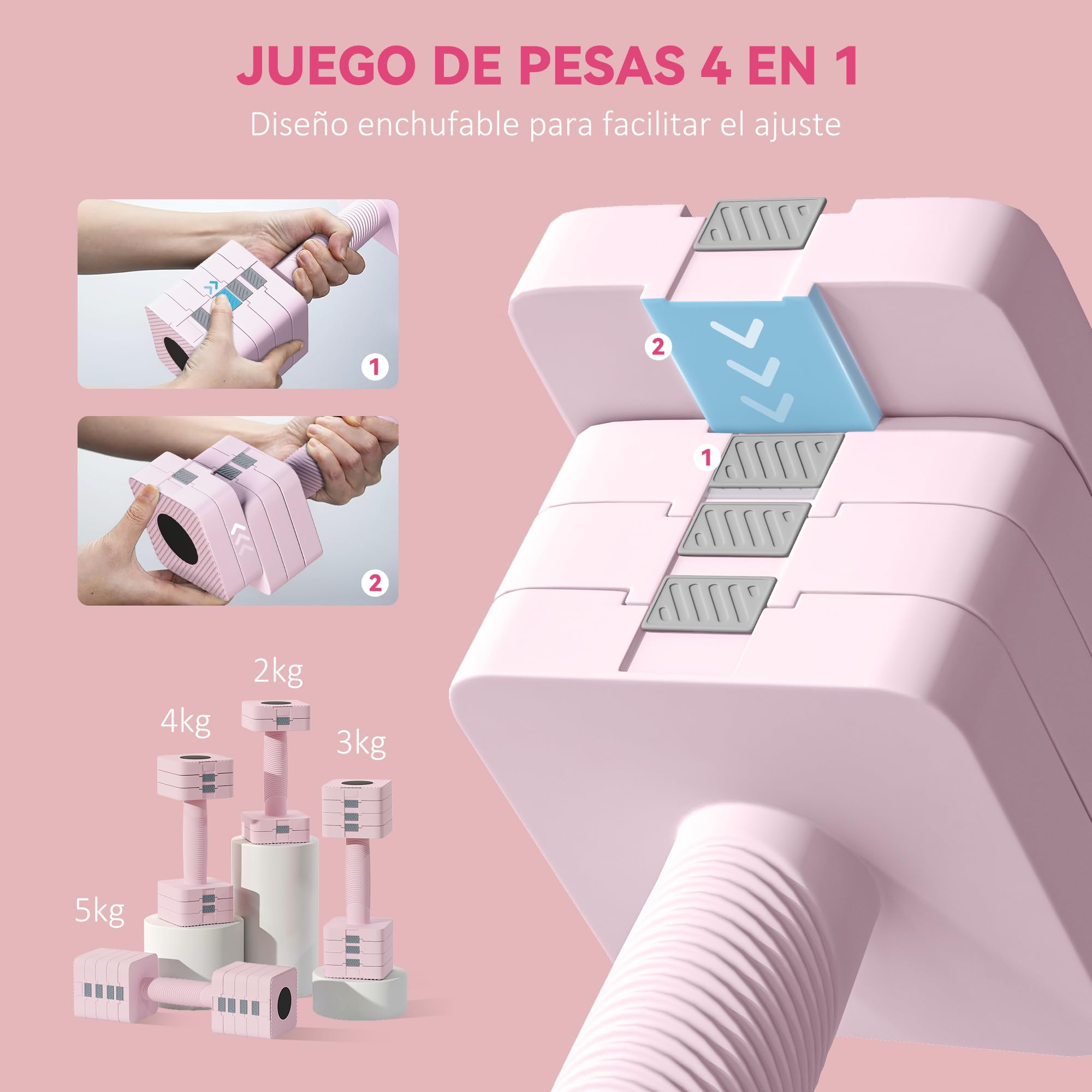SPORTNOW Mancuernas Ajustables 10 kg Juego de Pesas Diseño Cuadrado Rosa | Mango Antideslizante, Juego de Mancuernas, para Entrenamiento en Casa, Gimnasio, Oficina
