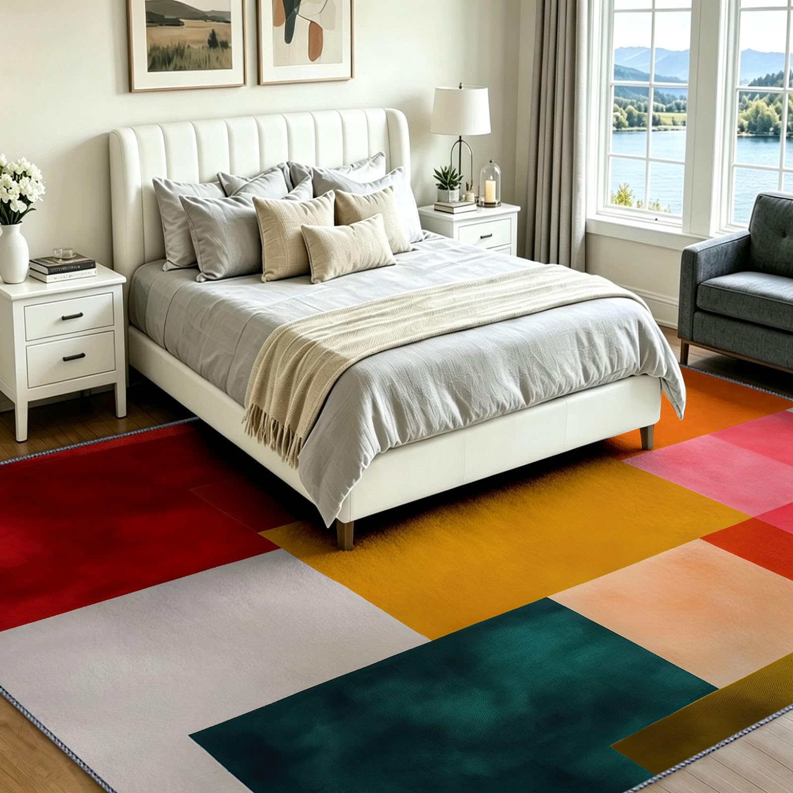 Tapis de Salon Lavable en Machine 160 x 230 cm Abstrait Géométrique Moquette Antidérapant à Poils Courts, Pop Grille Damier - Tapis de Sol à Poils Ras pour Chambre et Cuisine, Multicolore