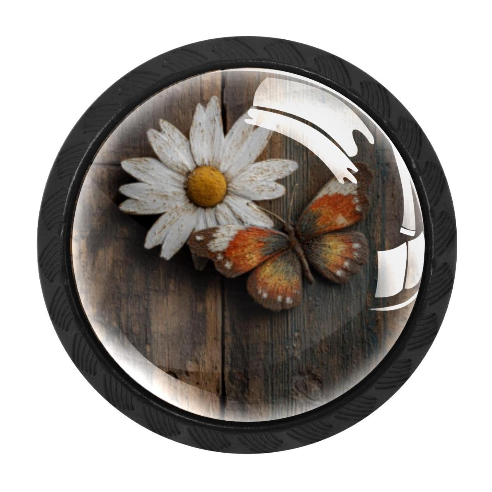 CHENZZZZ 4 Pieces Dresser Knobs Daisy Butterfly on Rustic Wooden (2) Drawer knobs Cabinet Knobs Pull Handles for Home Kitchen Office