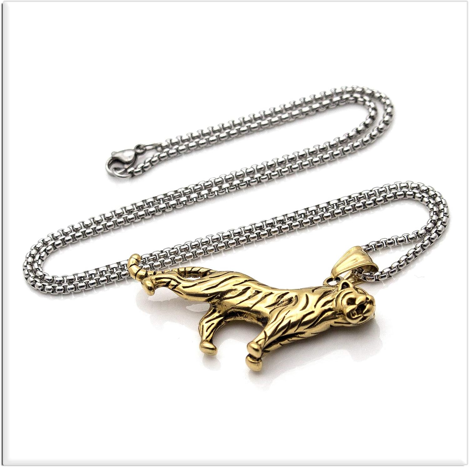 Xusamss Punk Stainless Steel Animal Tiger Pendant Necklace,24inches Square Box Chain - Image 5