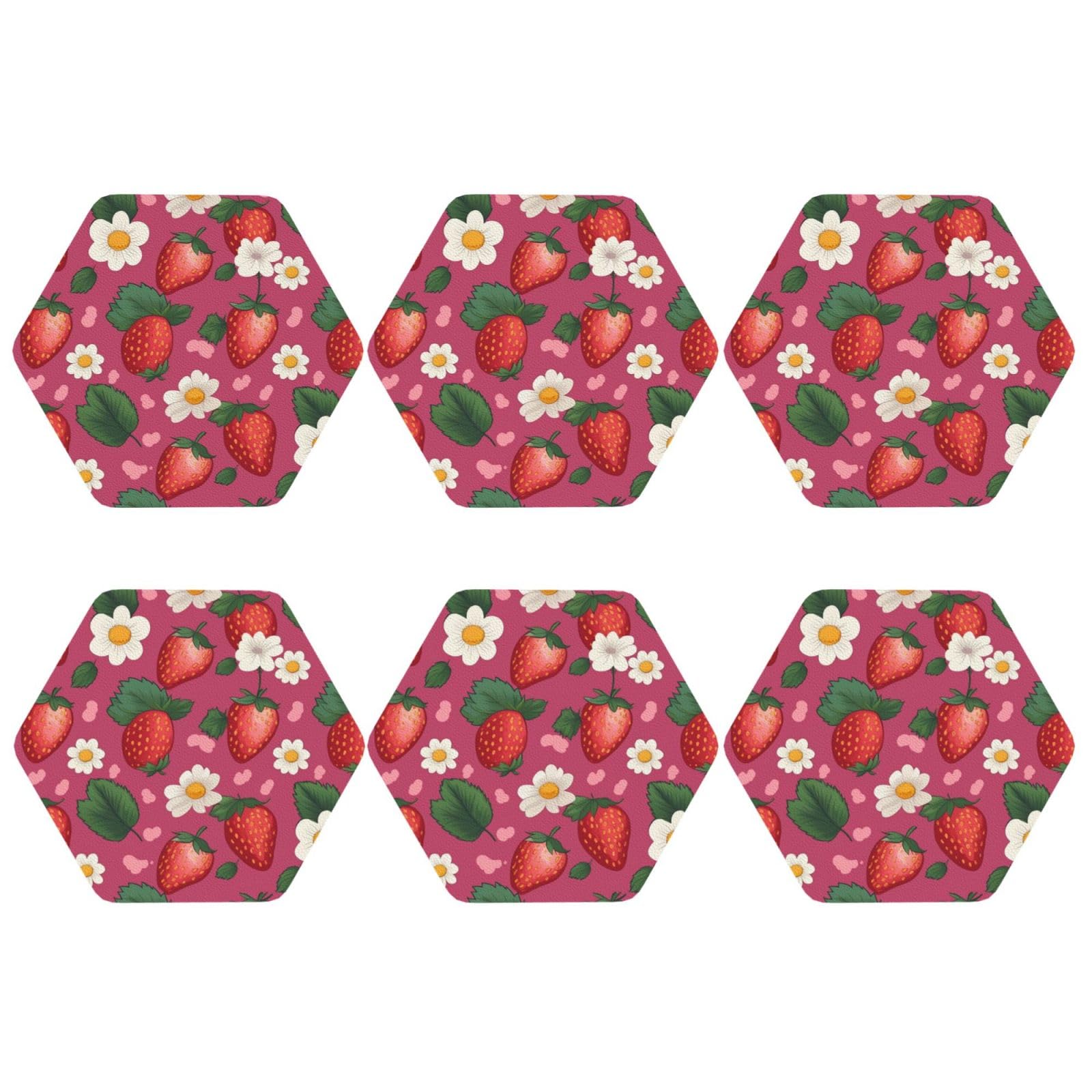 6pcs Leather Coasters for Drinks, Strawberry Drink Coasters for Tabletop Protection, 4" Cup Coasters for Coffee Table Decor, Non-Slip Drinking Cup Mat for Hot Or Cold Drink
