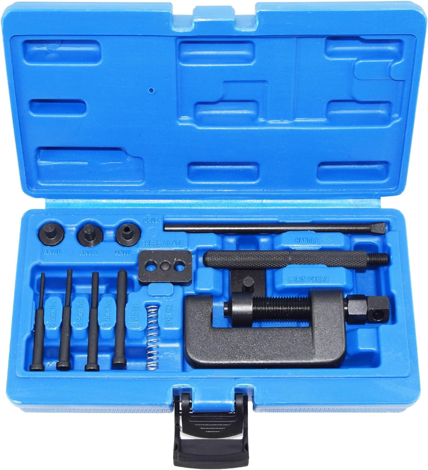 Juego de separador de cadena para motocicleta, cortador de remaches, separador de cadena de 13 piezas, juego de leva de bicicleta con estuche de transporte, cortador de cadena y remachadora