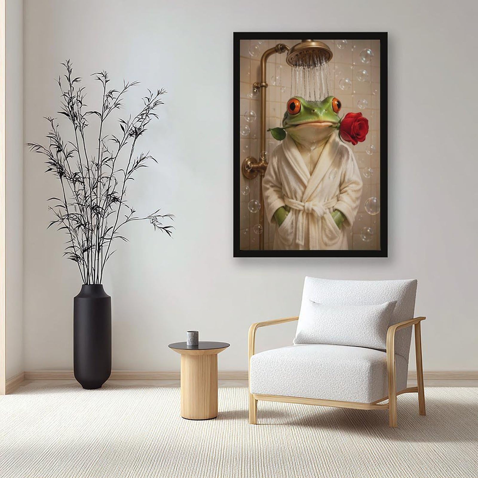 Lustiger grüner Frosch im Bademantel, Dusche mit roter Rose, Leinwand-Kunstposter, sprudelnd, skurriles Tierporträt, humorvolle Neuheit, Dekoration für Badezimmer, Toilette, Puderzimmer, schwarzer