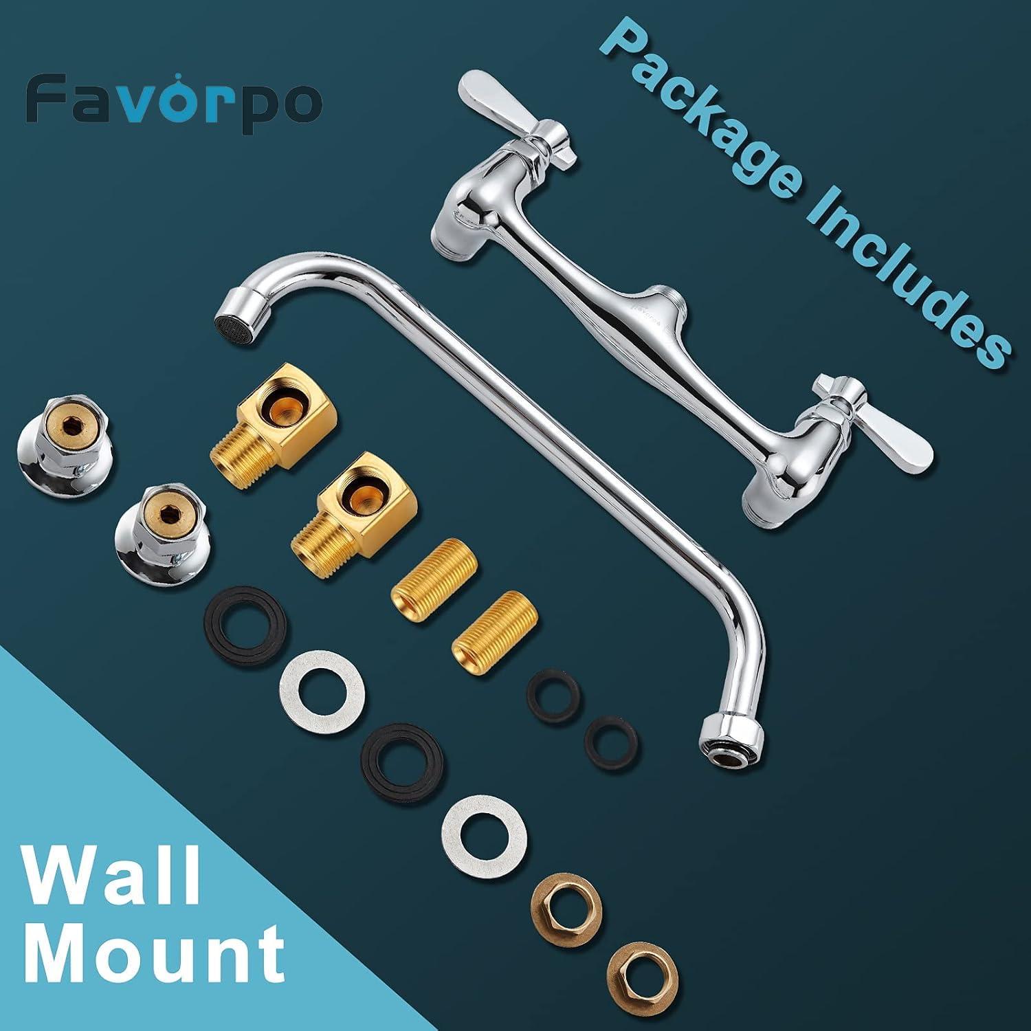 Grifo de montaje en pared de cocina comercial de 8 pulgadas, grifos de fregadero de montaje en pared central de 8 pulgadas, grifos de pared de 2 asas para cocina, lavandería, restaurante
