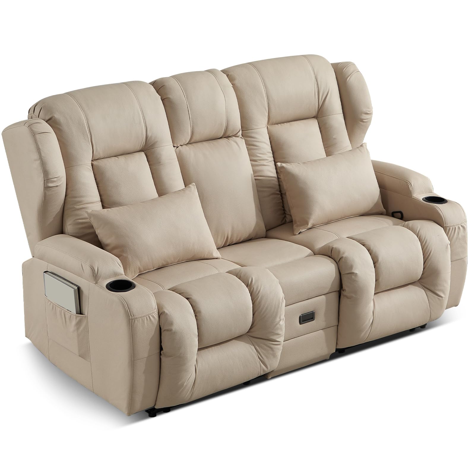 SAMERY Zweisitzer Relaxsessel mit Liegefunktion, 2er-Fernsehsessel Kinosessel 2 Sitzer TV Sessel Heimkino Sitze mit klappbare Mittelkonsole, 4 Getränkehalter (Beige, 172 cm Zweisitzer)