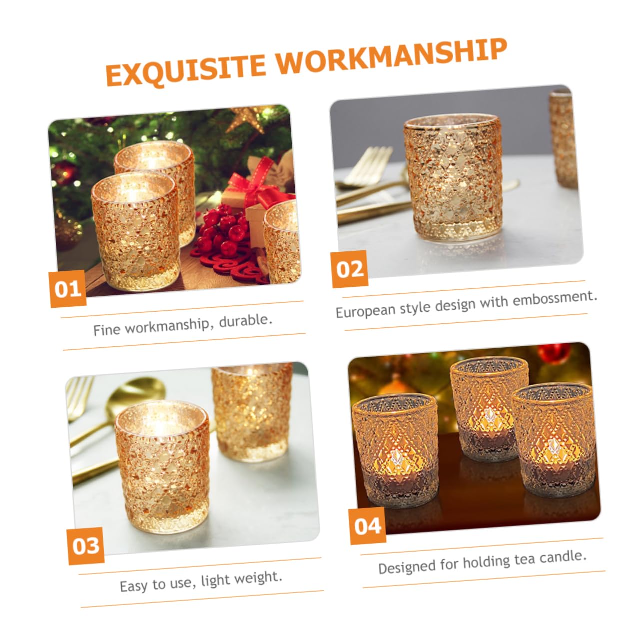 Portavelas de Vidrio Dorado Relieve Romántico 12 Piezas | Decoración Europea Elegante, para Bodas y Eventos Obsequios, Formato Portátil