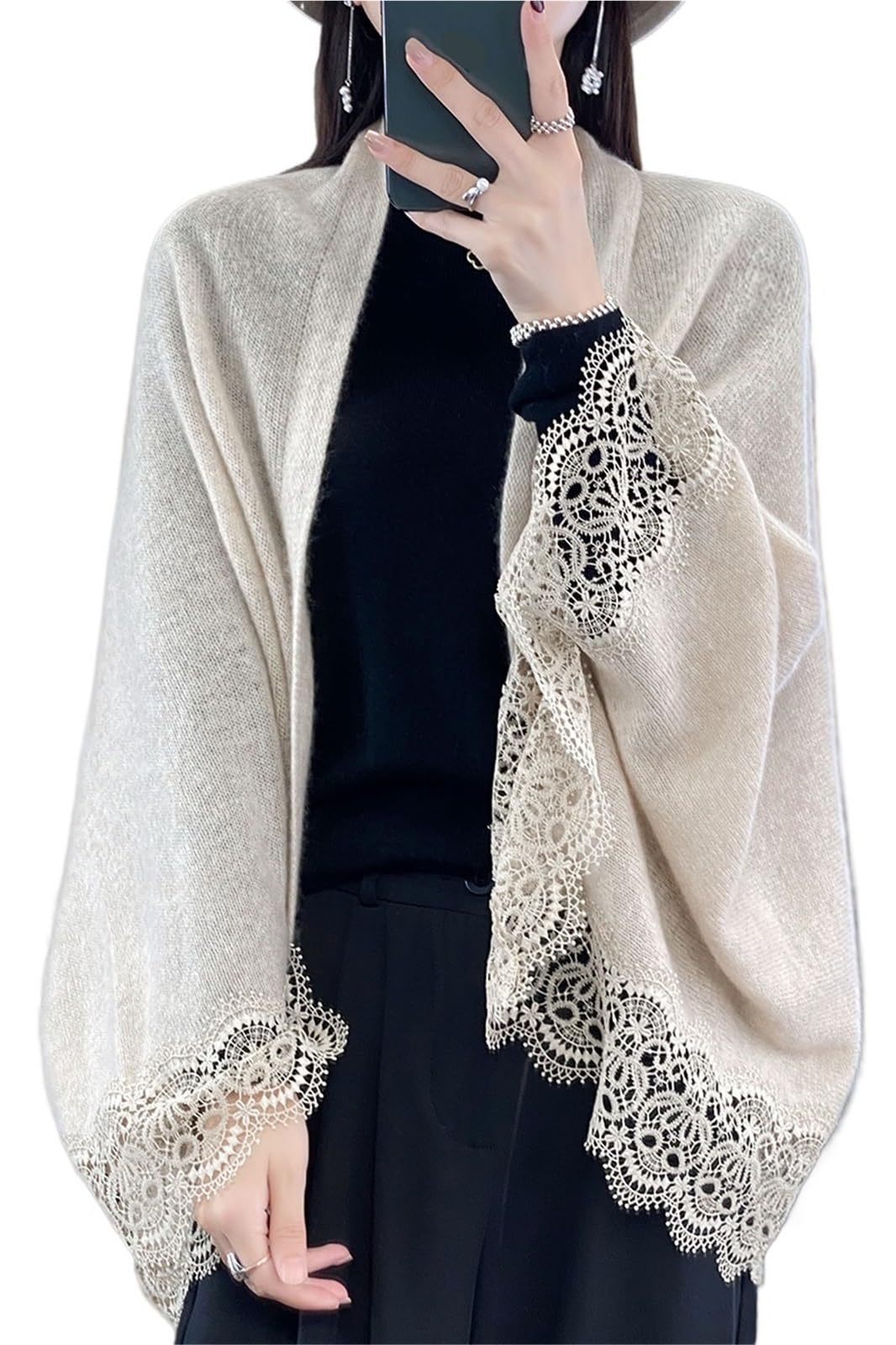 Scialle Donna Scialle Lavorato a Maglia in Lana con Bordo in Pizzo Primavera Autunno Cardigan Sottile da Donna Morbido, Delicato sulla Pelle, Traspirante e alla Moda(Brown)