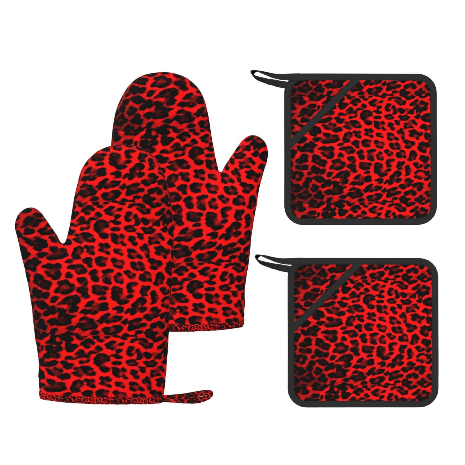 Ensemble de Quatre Gants et maniques résistants à la Chaleur, Gants de Cuisine antidérapants, maniques de Four, Motif léopard Rouge