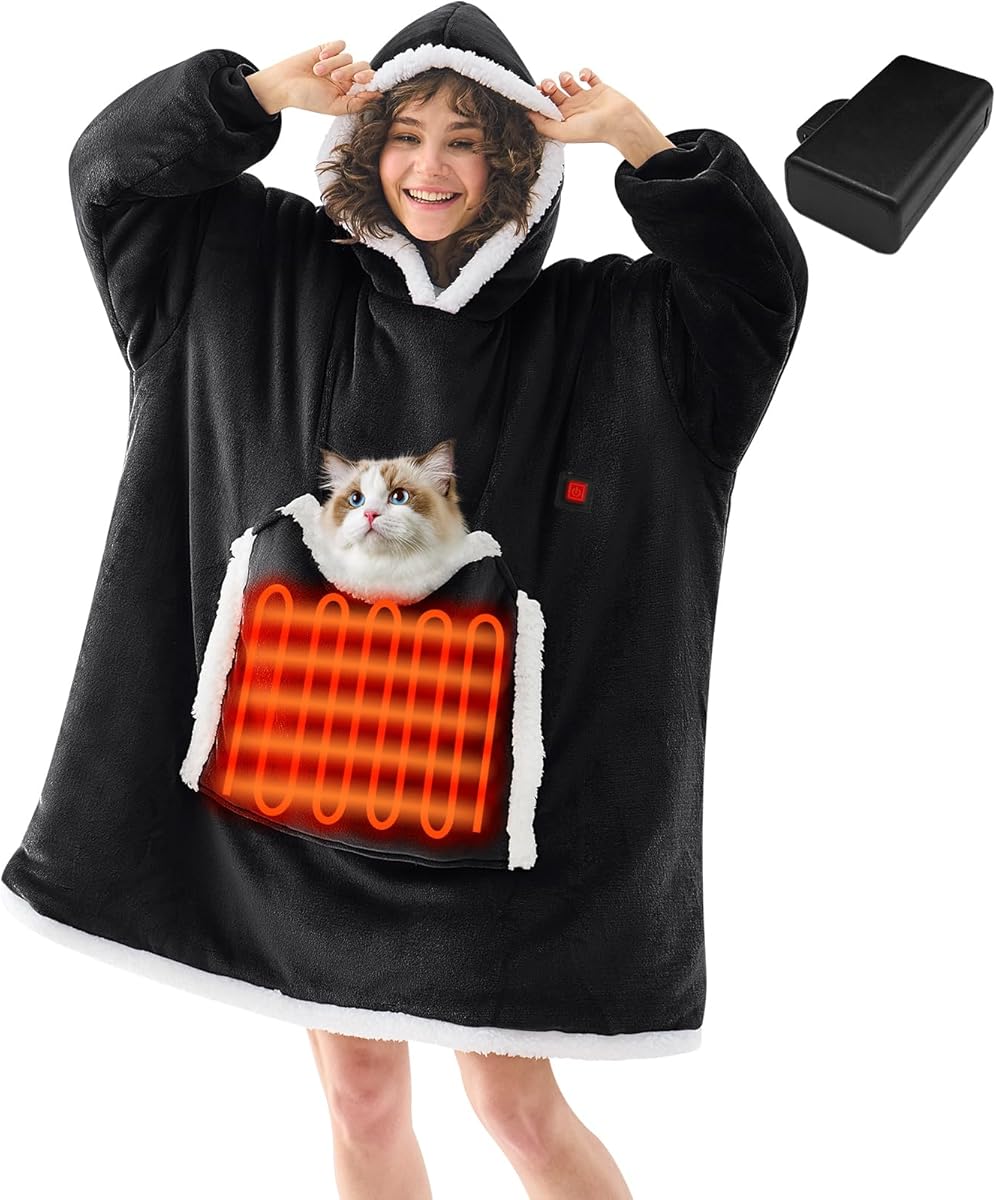 JOYWOO Wearable Heated Blanket Hoodie,Oversized Cordless Portable Heating Hooded Blanket Cat Lovers,Christmas Gifts for Women,Men,Mom,Cozy Sherpa Electric Blankets Throw for Adult Outdoor,Black
